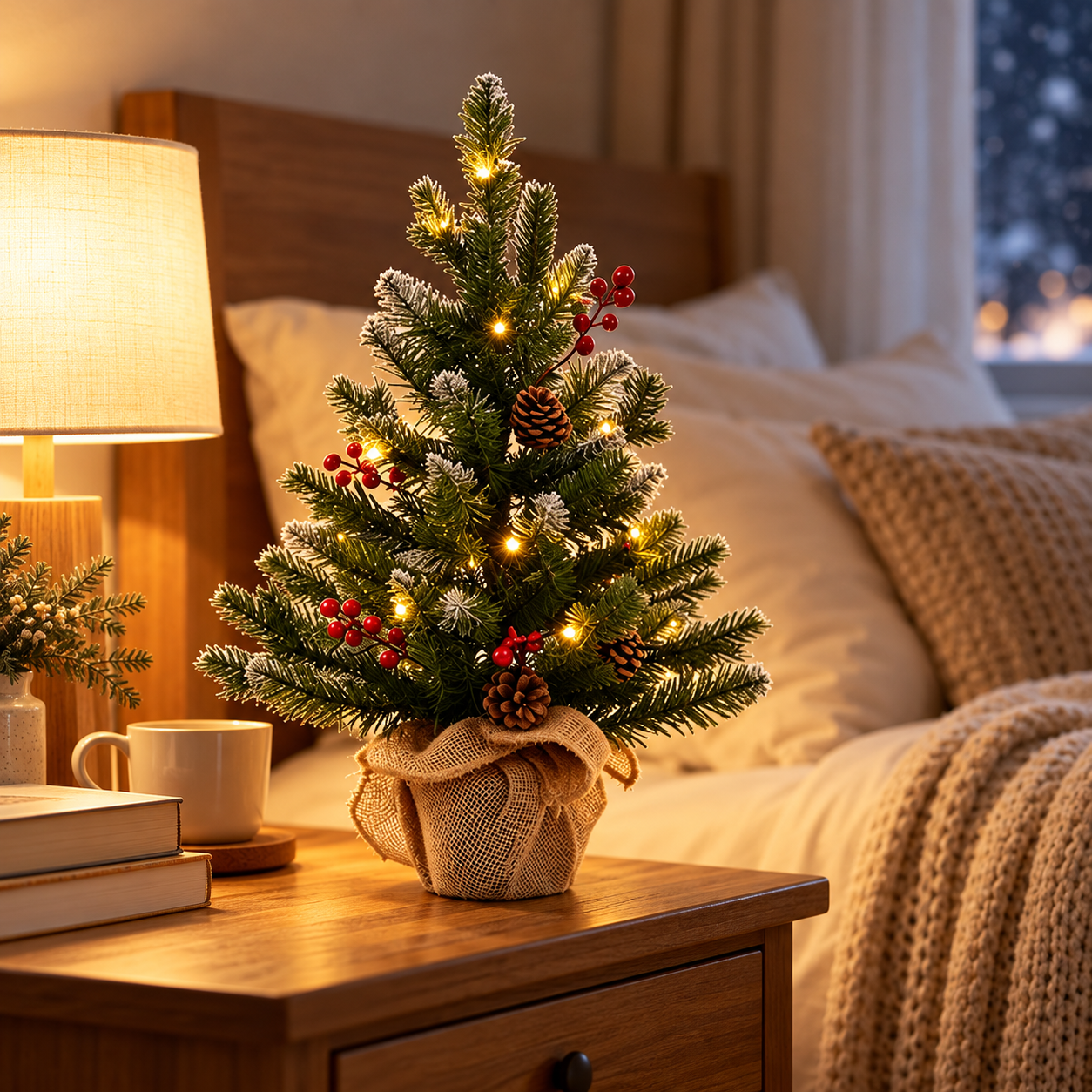 Mini Christmas Tree with Warm Lights, Pine Cones & Red Berries