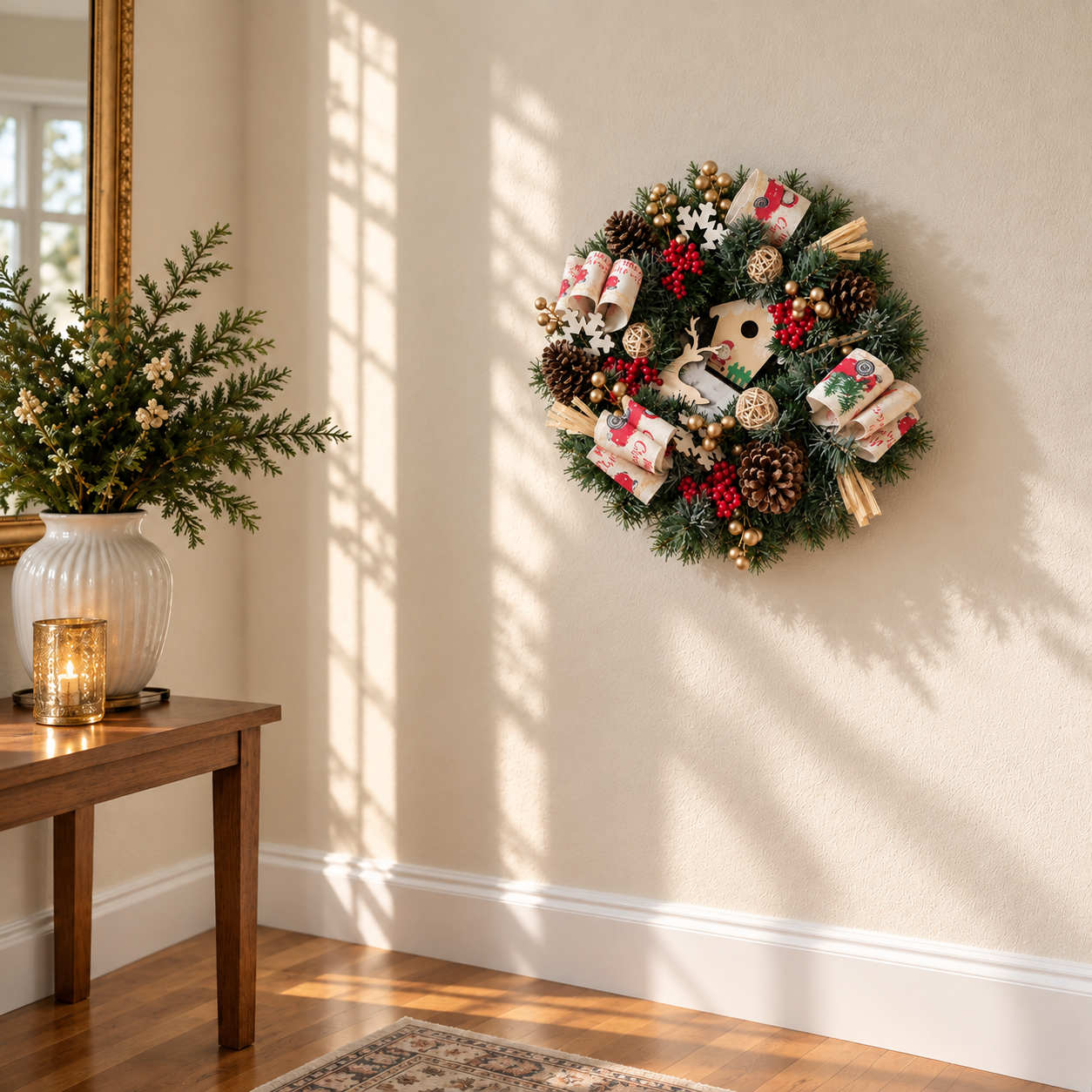 Christmas Wreath with Pine Cones, Red Berries & Festive Ribbon