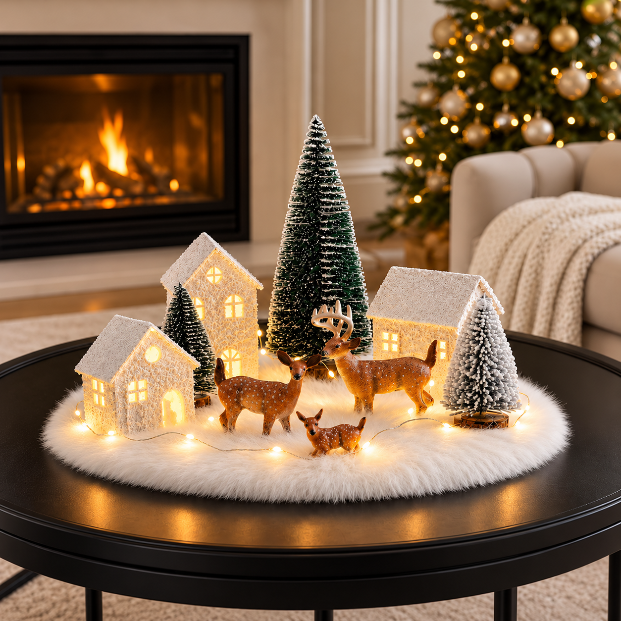 Light-Up Christmas Village with Snowy Houses & Deer