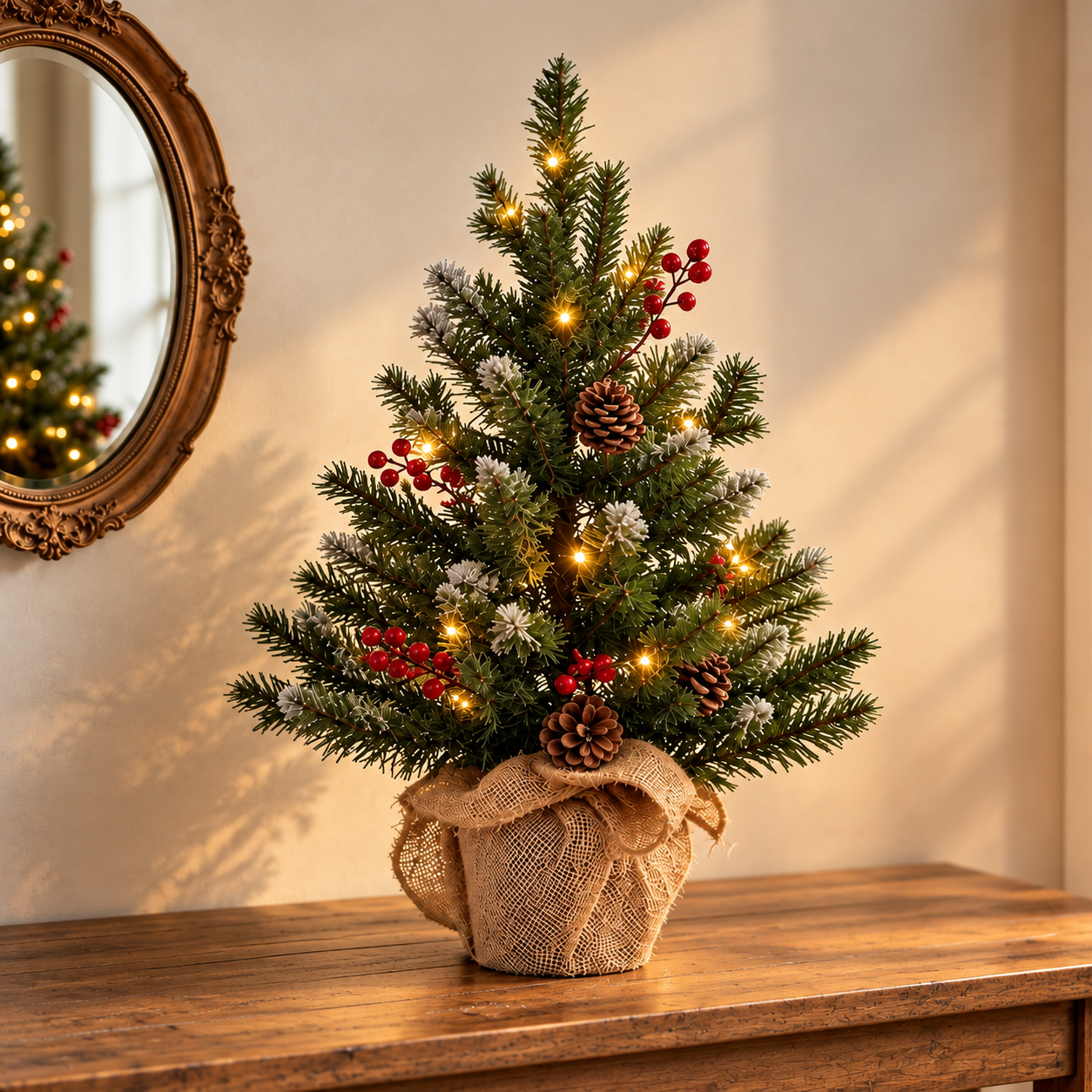 Mini Christmas Tree with Warm Lights, Pine Cones & Red Berries
