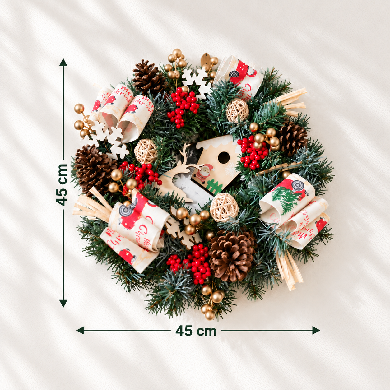Christmas Wreath with Pine Cones, Red Berries & Festive Ribbon