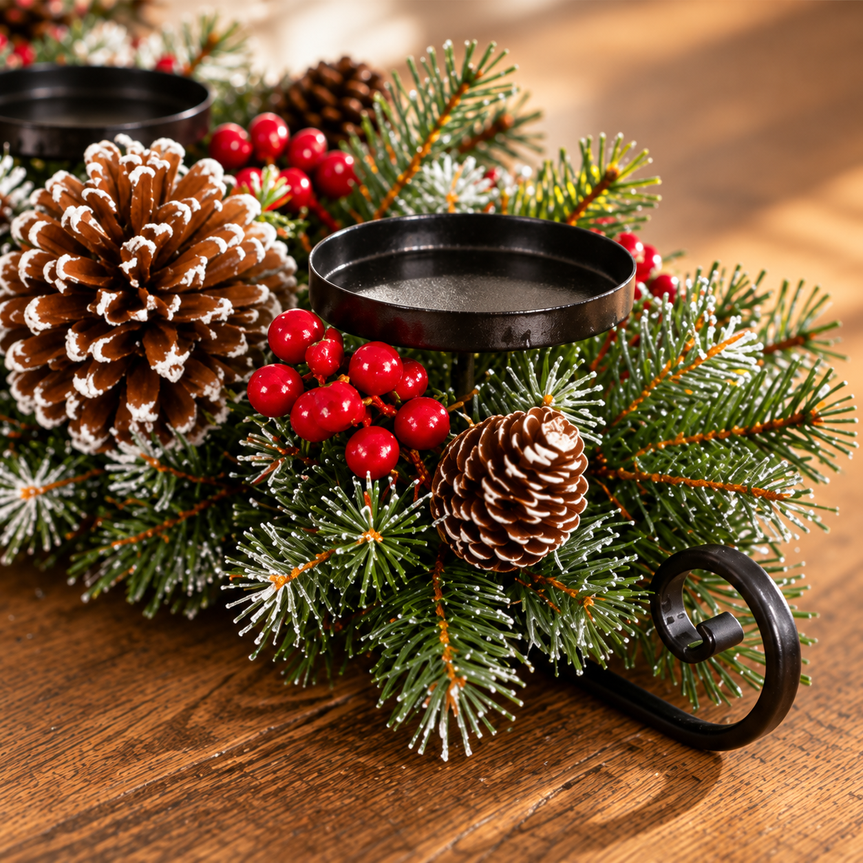 Christmas Tabletop Candle Holder with Pine Cones & Red Berries