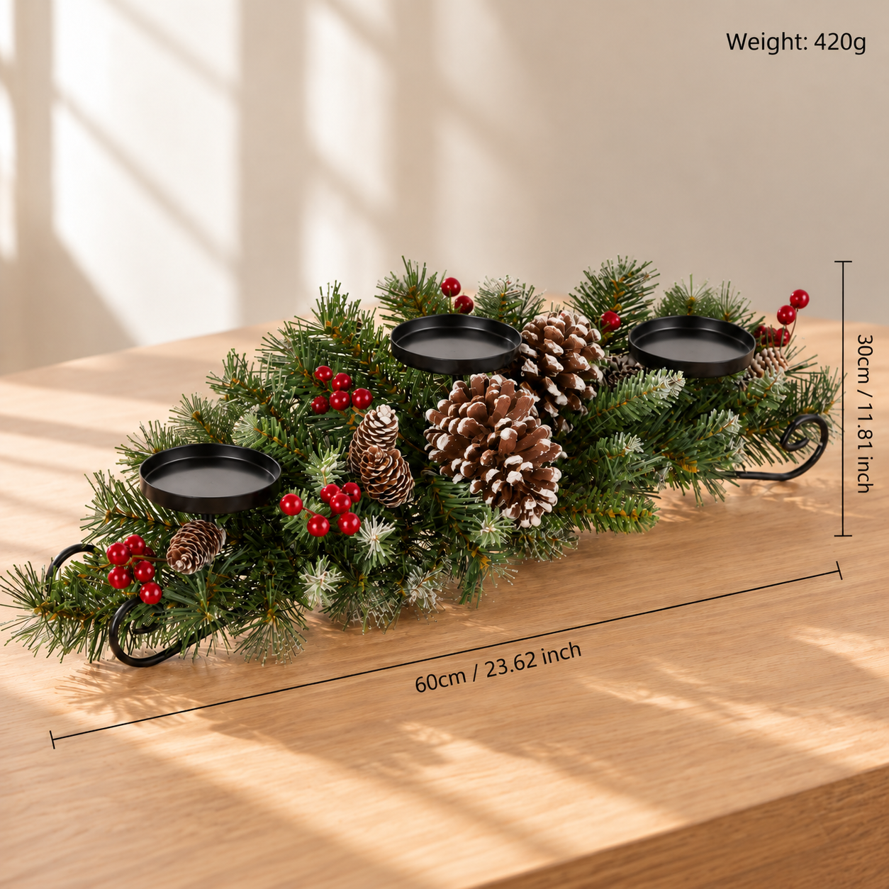 Christmas Tabletop Candle Holder with Pine Cones & Red Berries