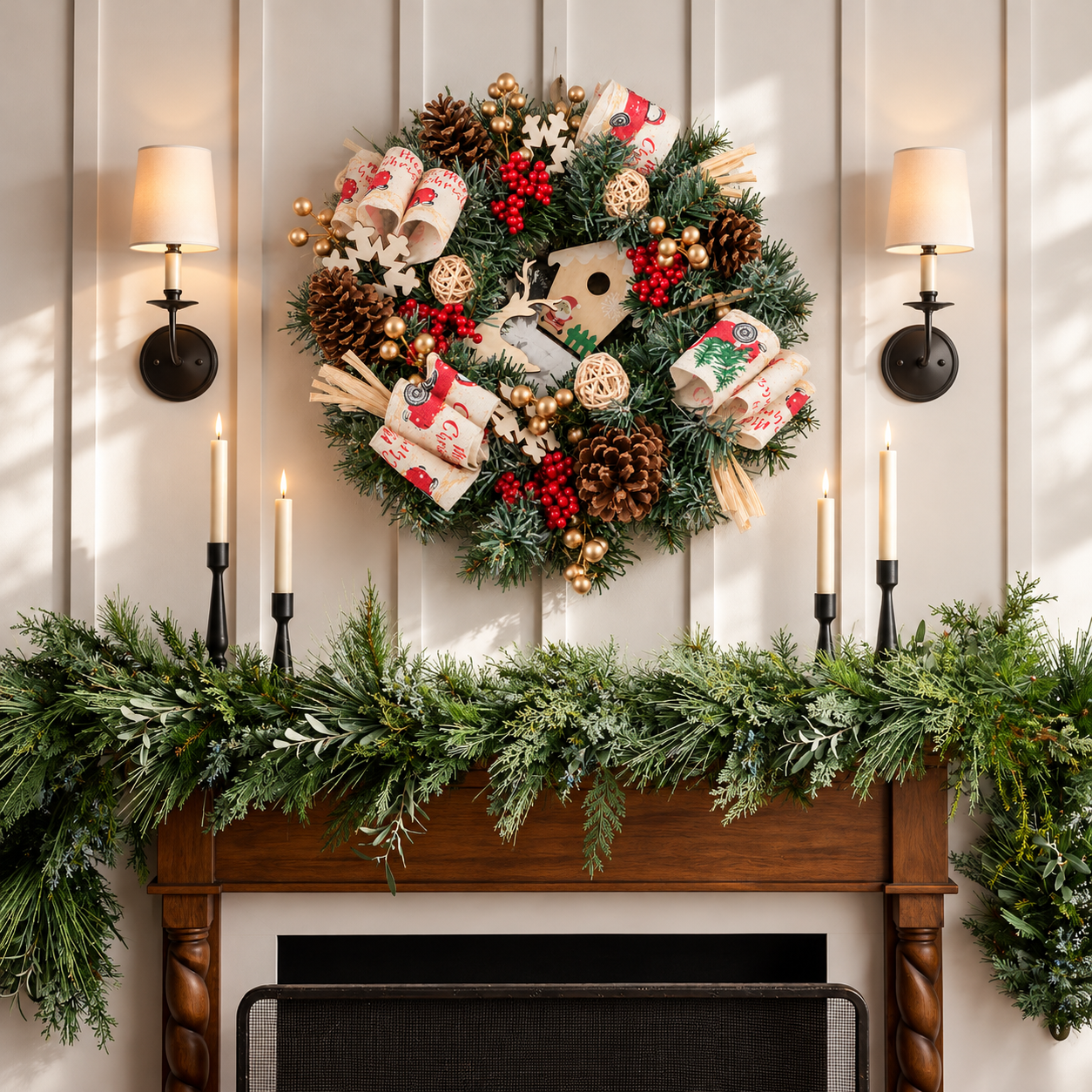 Christmas Wreath with Pine Cones, Red Berries & Festive Ribbon