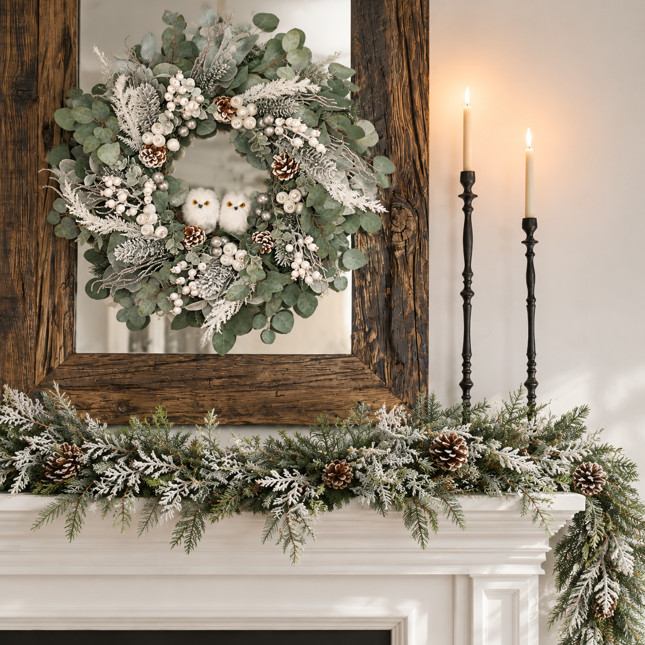 Frosted Eucalyptus Wreath with Pearl Berries, Pine Cones & Owl Accents
