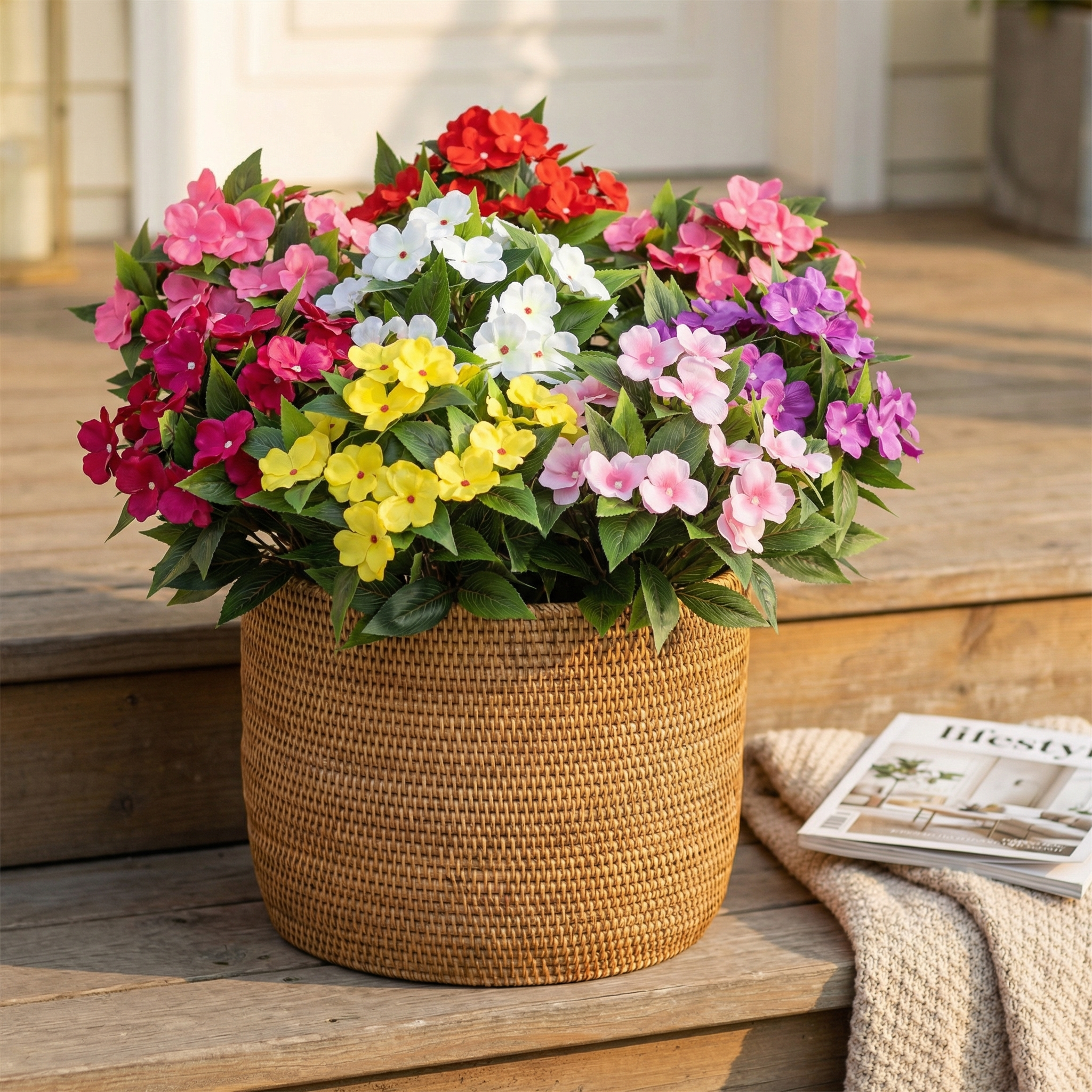 Impatiens Artificial Flowers Multi Color Faux Flower Planter Decor