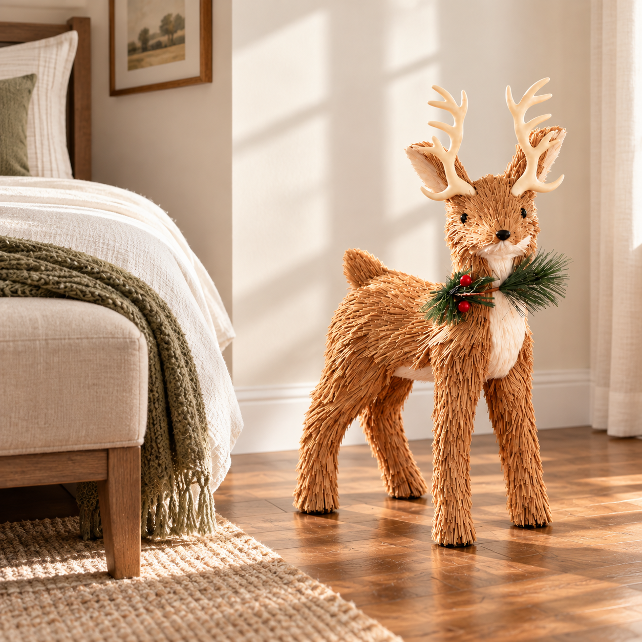 Rustic Christmas Reindeer Decoration with Pine & Berry Accents