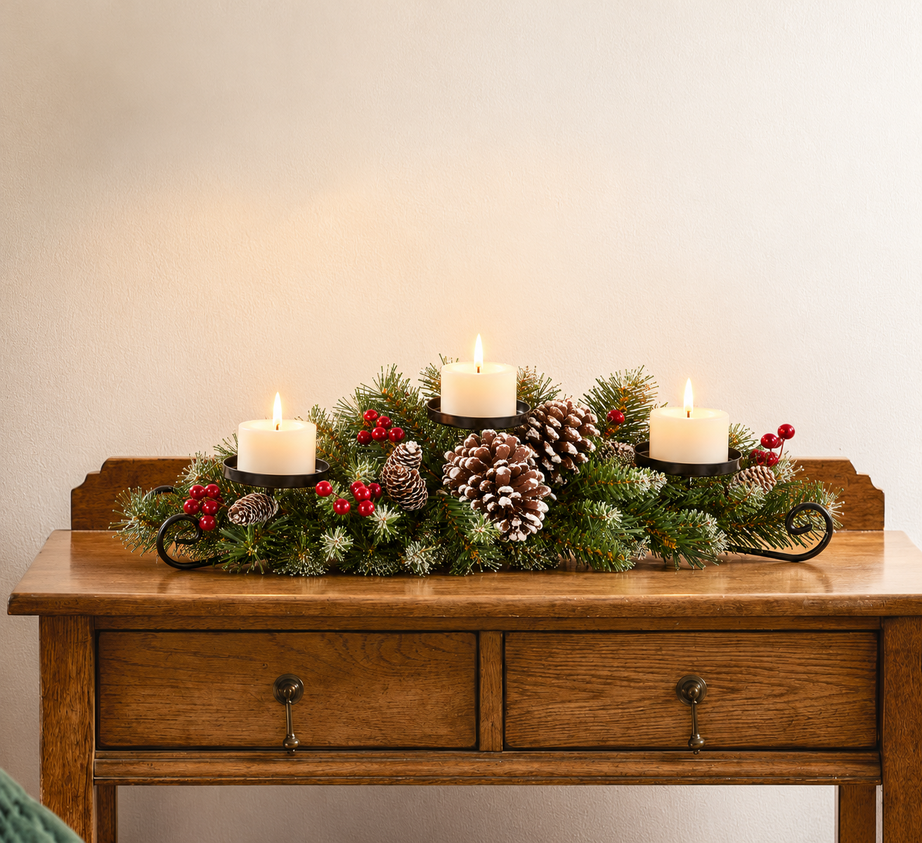 Christmas Tabletop Candle Holder with Pine Cones & Red Berries