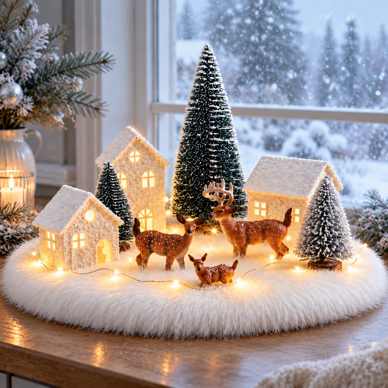 Light-Up Christmas Village with Snowy Houses & Deer
