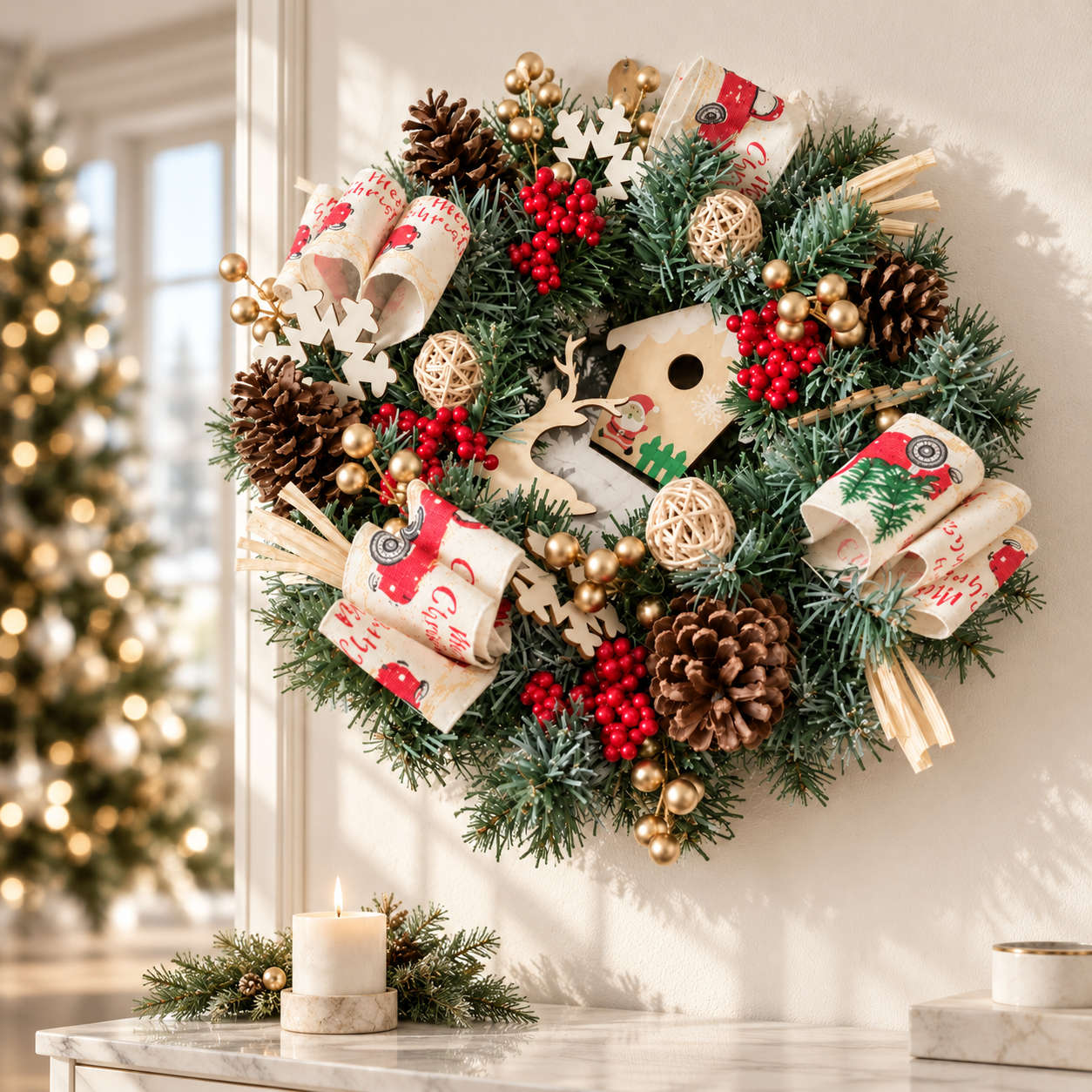 Christmas Wreath with Pine Cones, Red Berries & Festive Ribbon