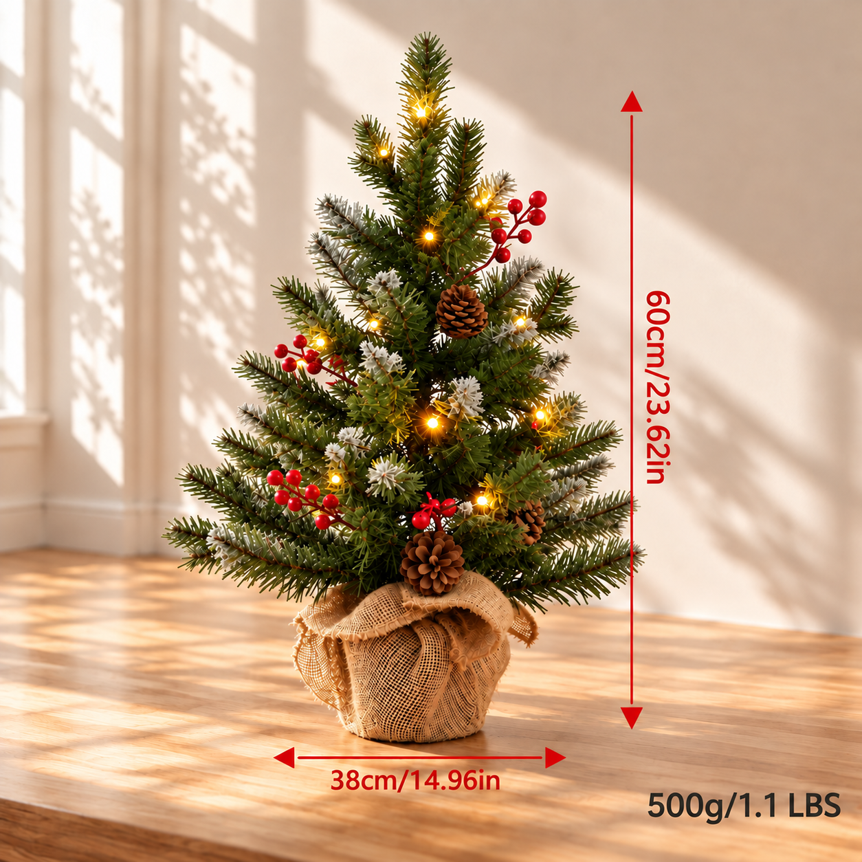 Mini Christmas Tree with Warm Lights, Pine Cones & Red Berries