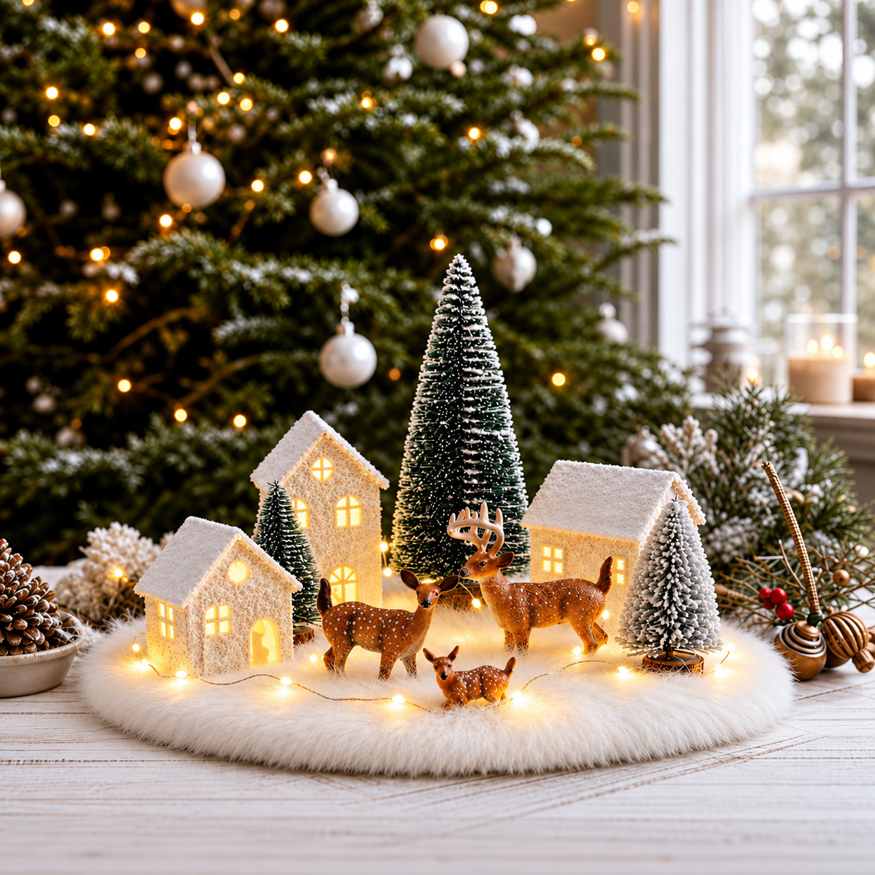 Light-Up Christmas Village with Snowy Houses & Deer