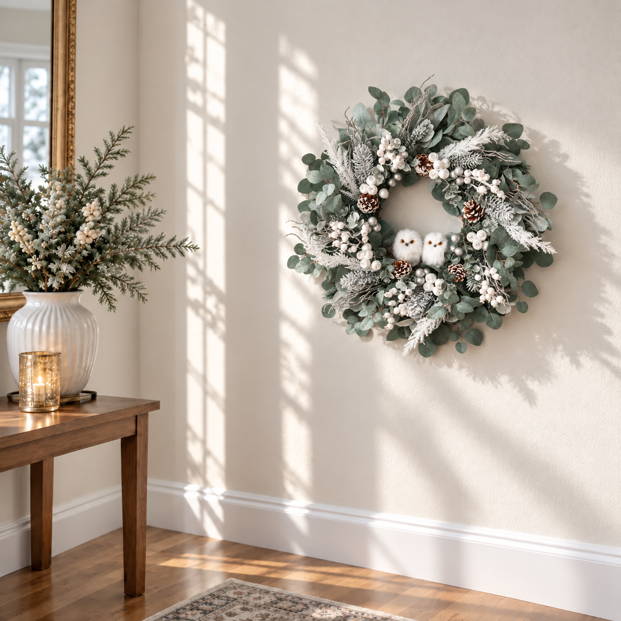 Frosted Eucalyptus Wreath with Pearl Berries, Pine Cones & Owl Accents