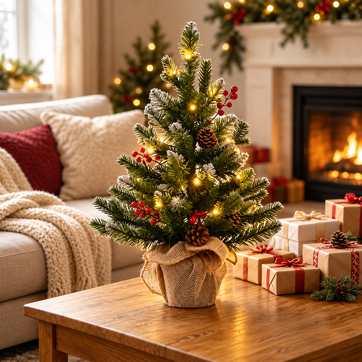 Mini Christmas Tree with Warm Lights, Pine Cones & Red Berries
