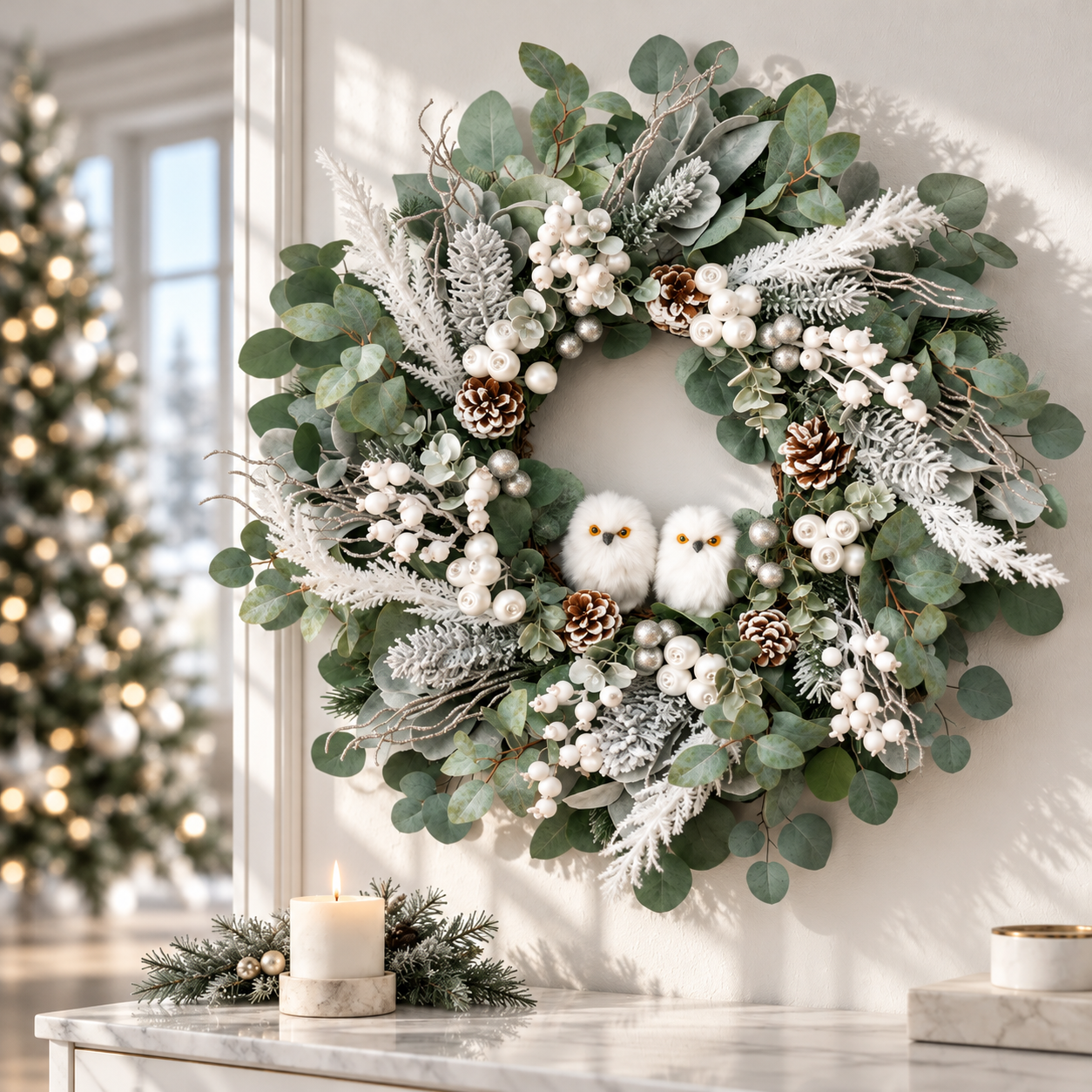 Frosted Eucalyptus Wreath with Pearl Berries, Pine Cones & Owl Accents