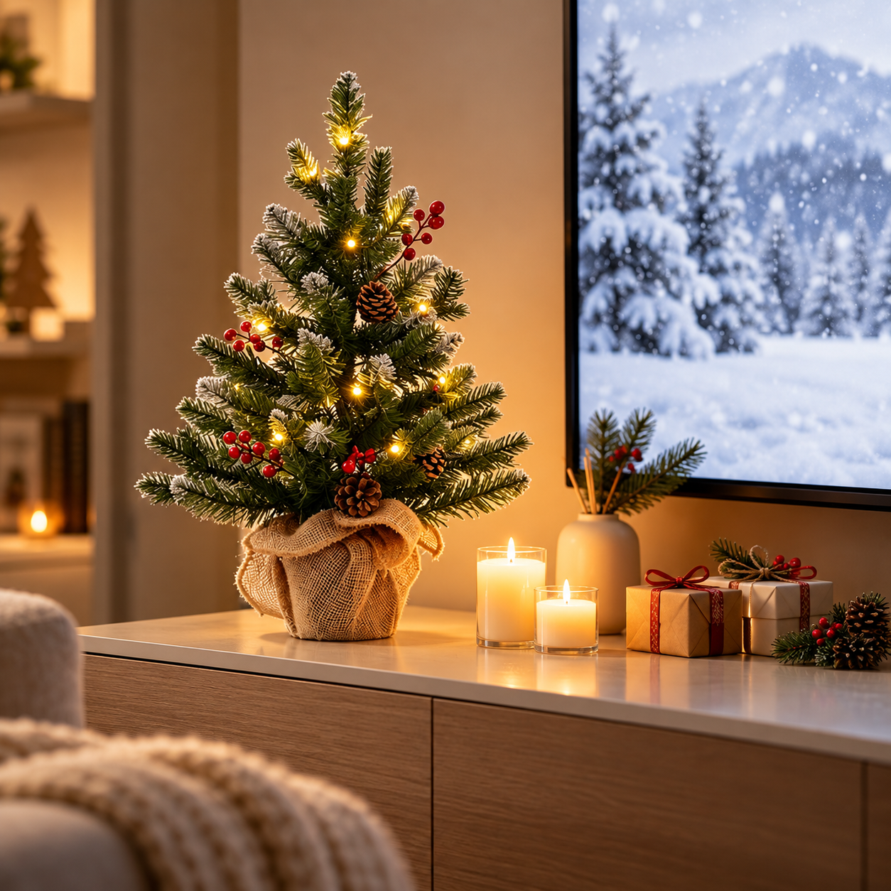 Mini Christmas Tree with Warm Lights, Pine Cones & Red Berries