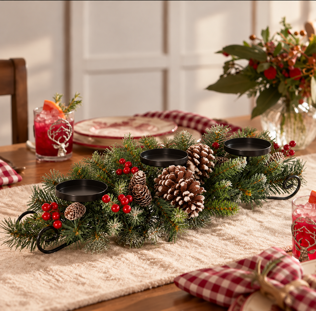 Christmas Tabletop Candle Holder with Pine Cones & Red Berries