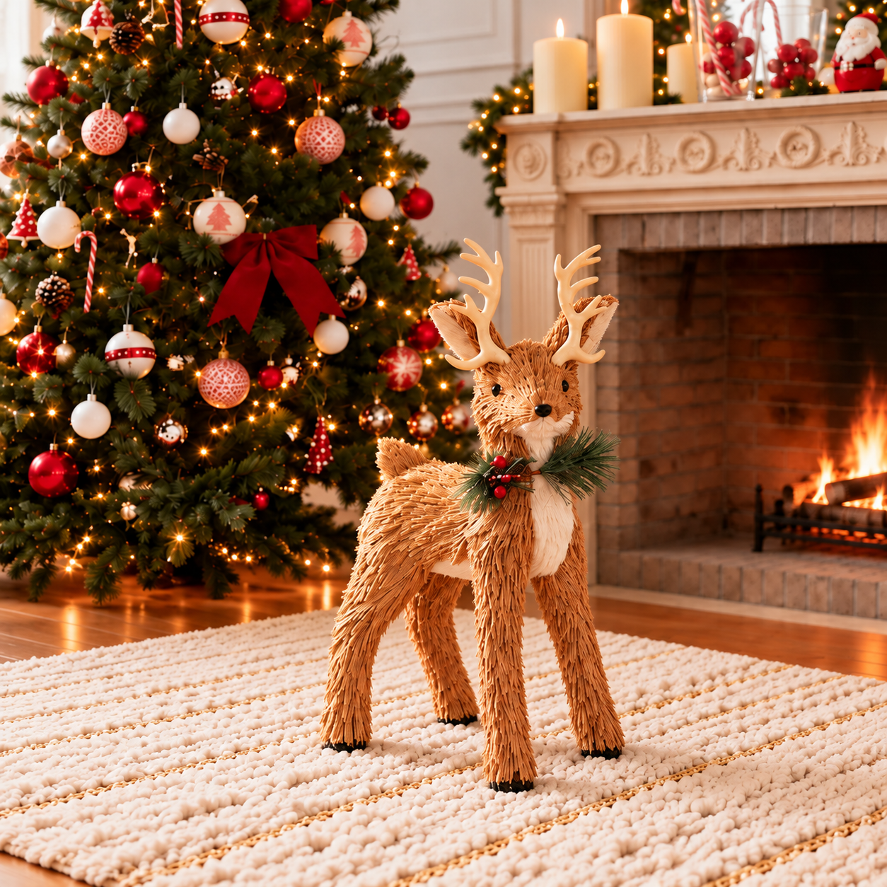 Rustic Christmas Reindeer Decoration with Pine & Berry Accents