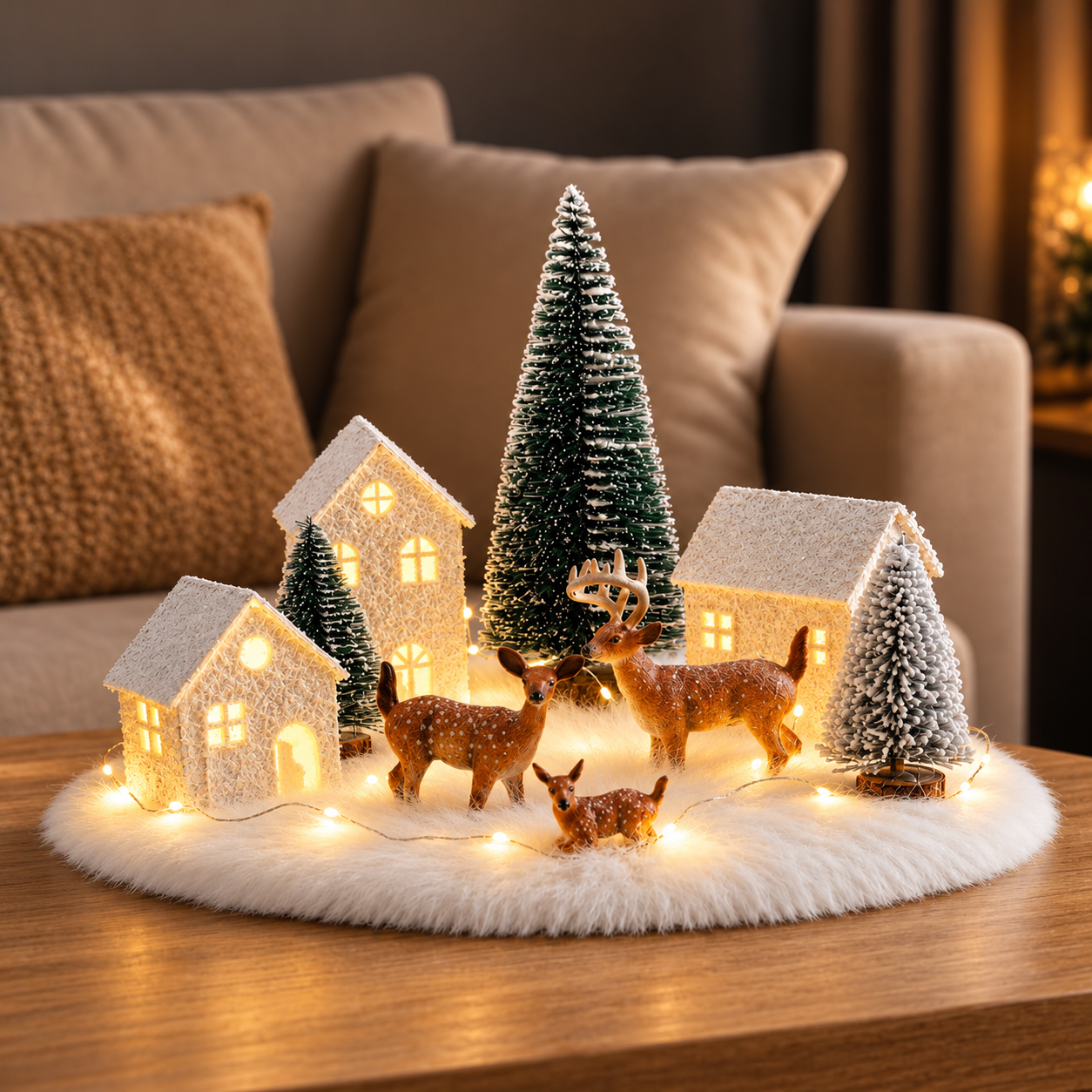 Light-Up Christmas Village with Snowy Houses & Deer