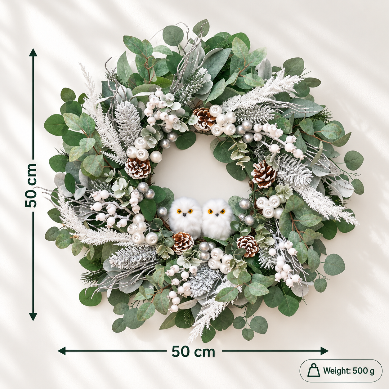 Frosted Eucalyptus Wreath with Pearl Berries, Pine Cones & Owl Accents