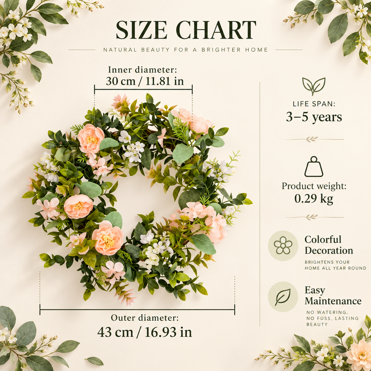 Peony Eucalyptus Baby’s Breath Buds Artificial Floral Wreath