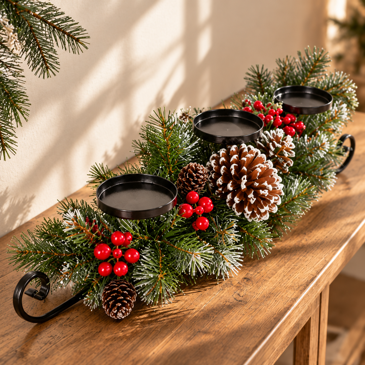 Christmas Tabletop Candle Holder with Pine Cones & Red Berries