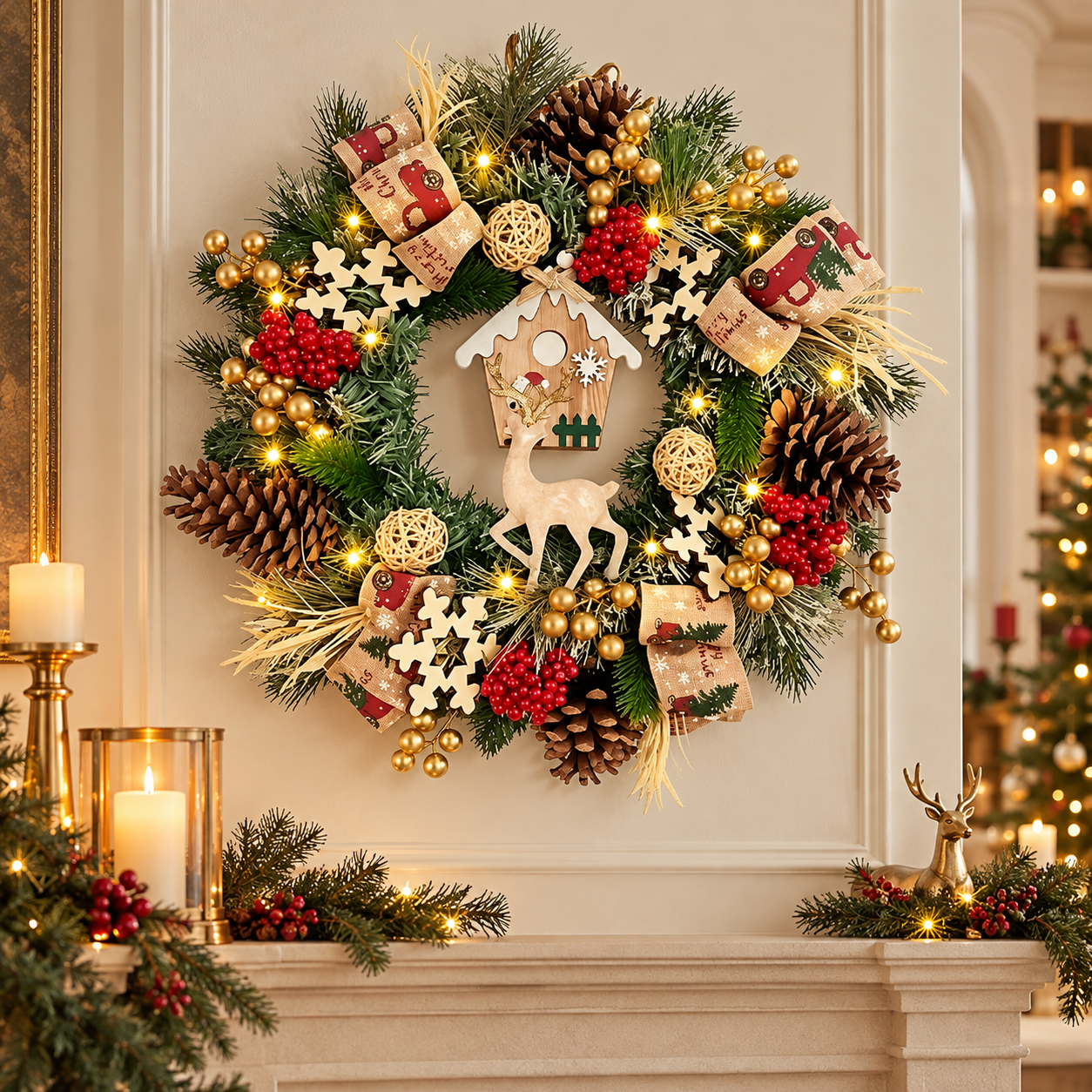 Christmas Wreath with Pine Cones, Red Berries & Festive Ribbon