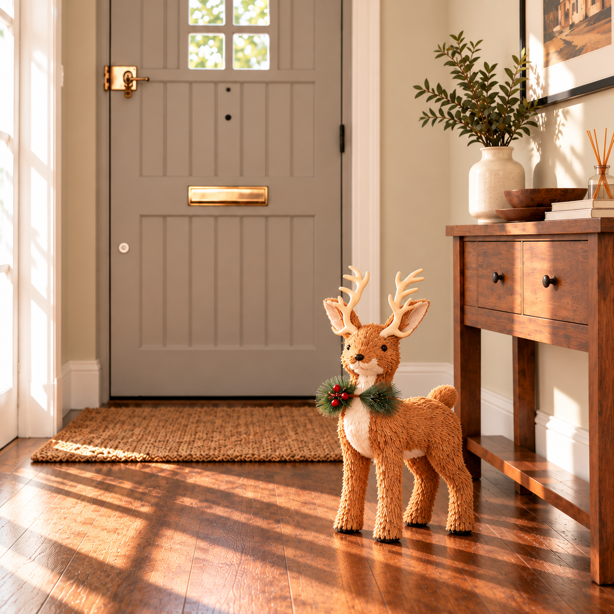 Rustic Christmas Reindeer Decoration with Pine & Berry Accents