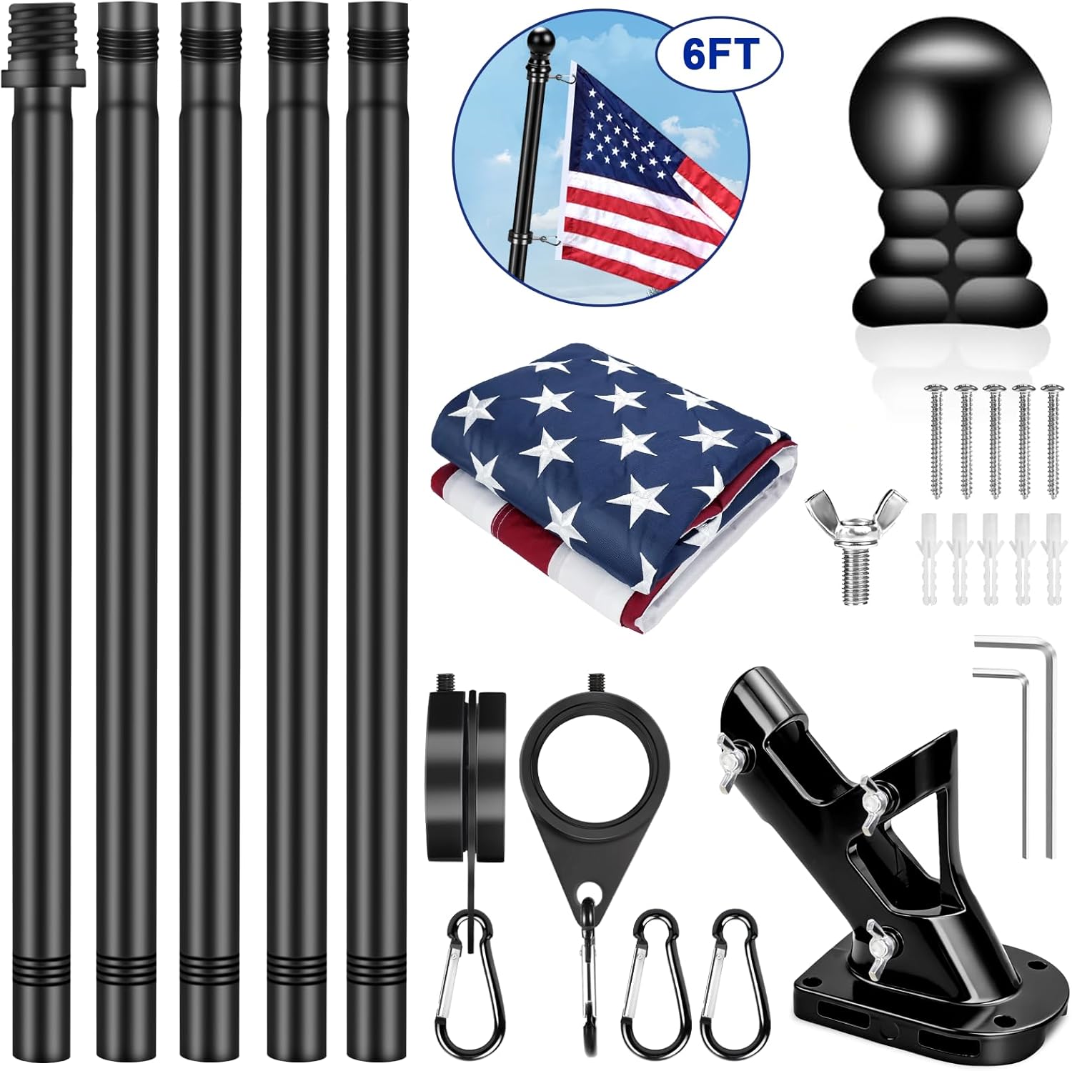 6 Ft Black Flag Pole Kit With Optional 3 x 5 Ft American Flag