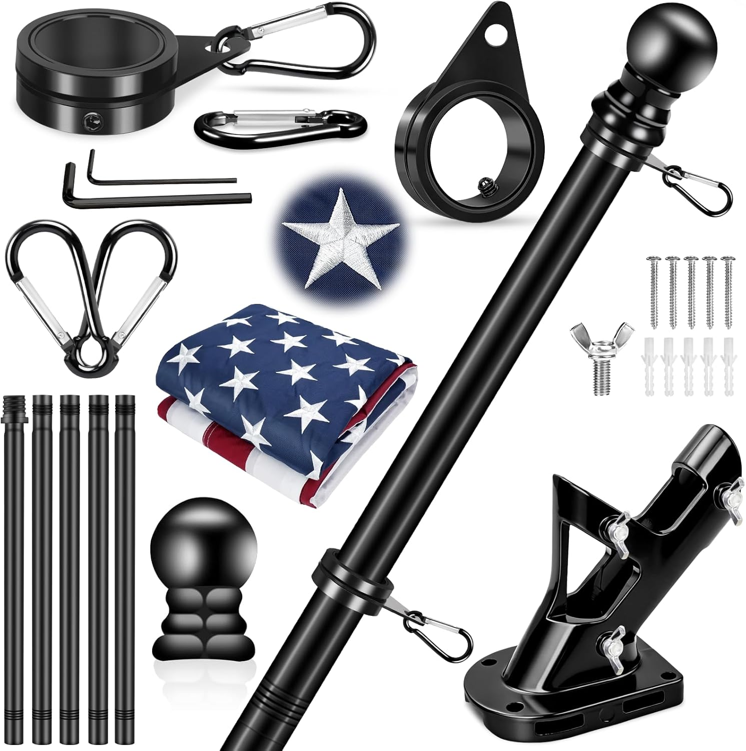 6 Ft Black Flag Pole Kit With Optional 3 x 5 Ft American Flag