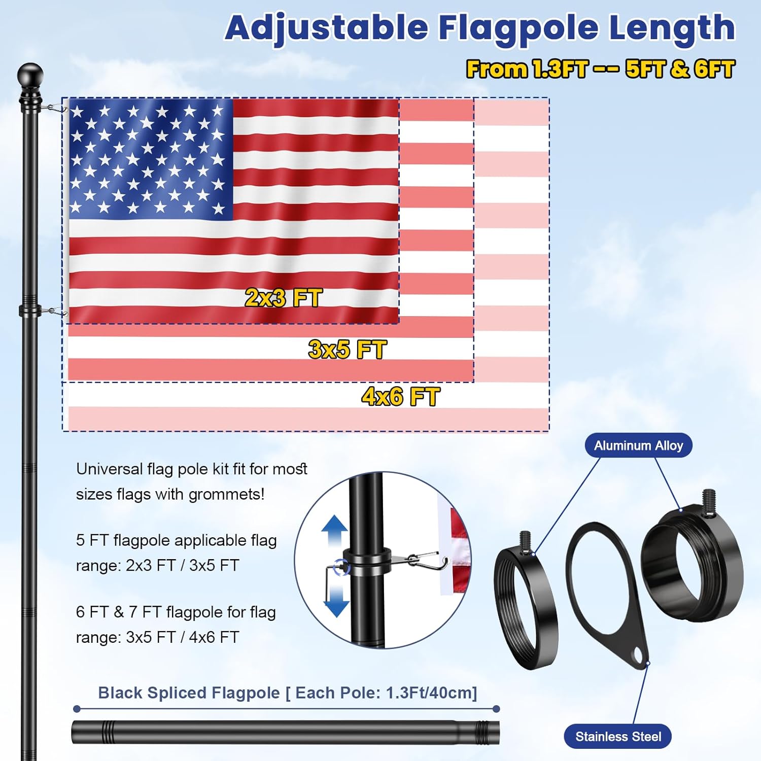 6 Ft Black Flag Pole Kit With Optional 3 x 5 Ft American Flag