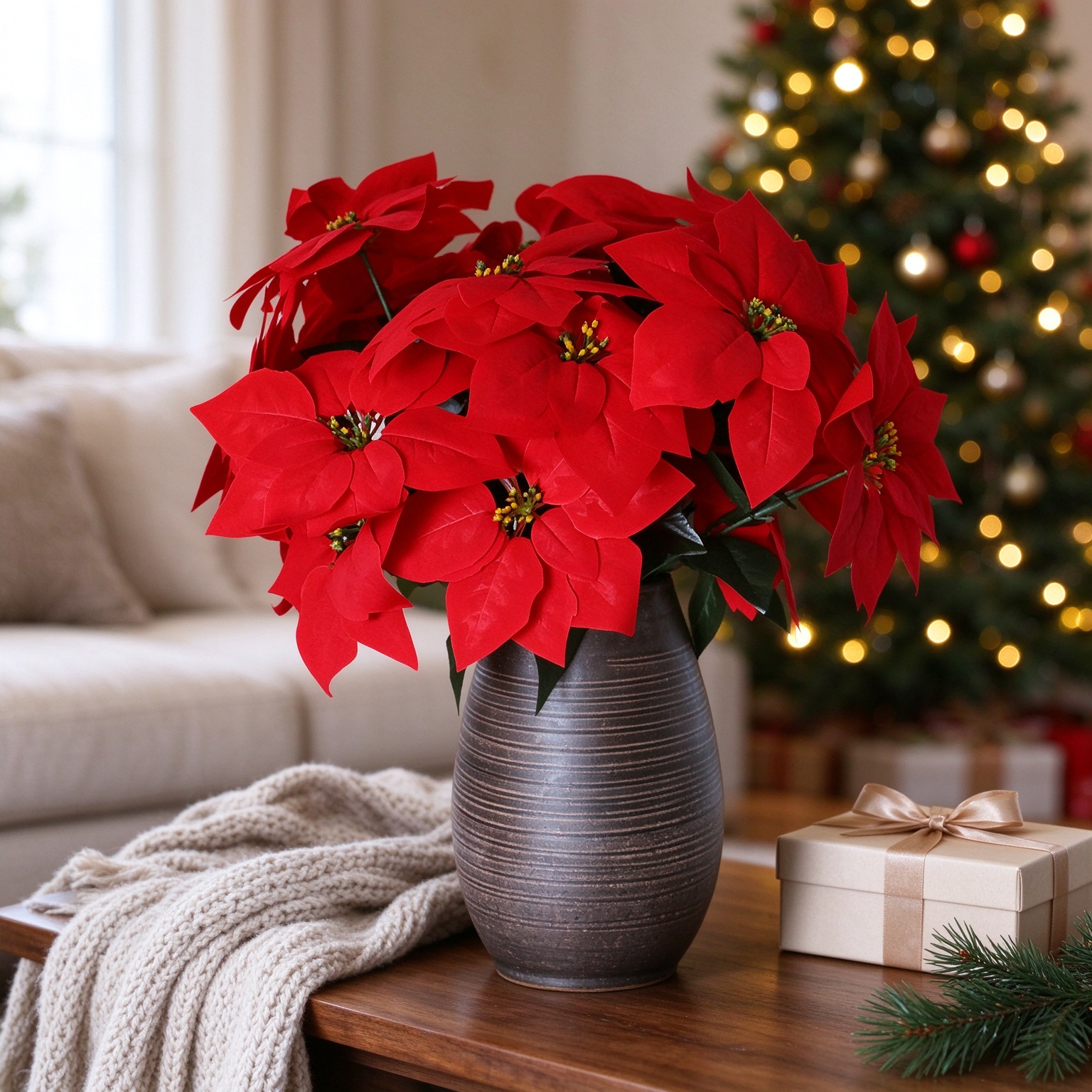 5 Bundles Christmas Artificial Poinsettia Flowers Stem Bouquets