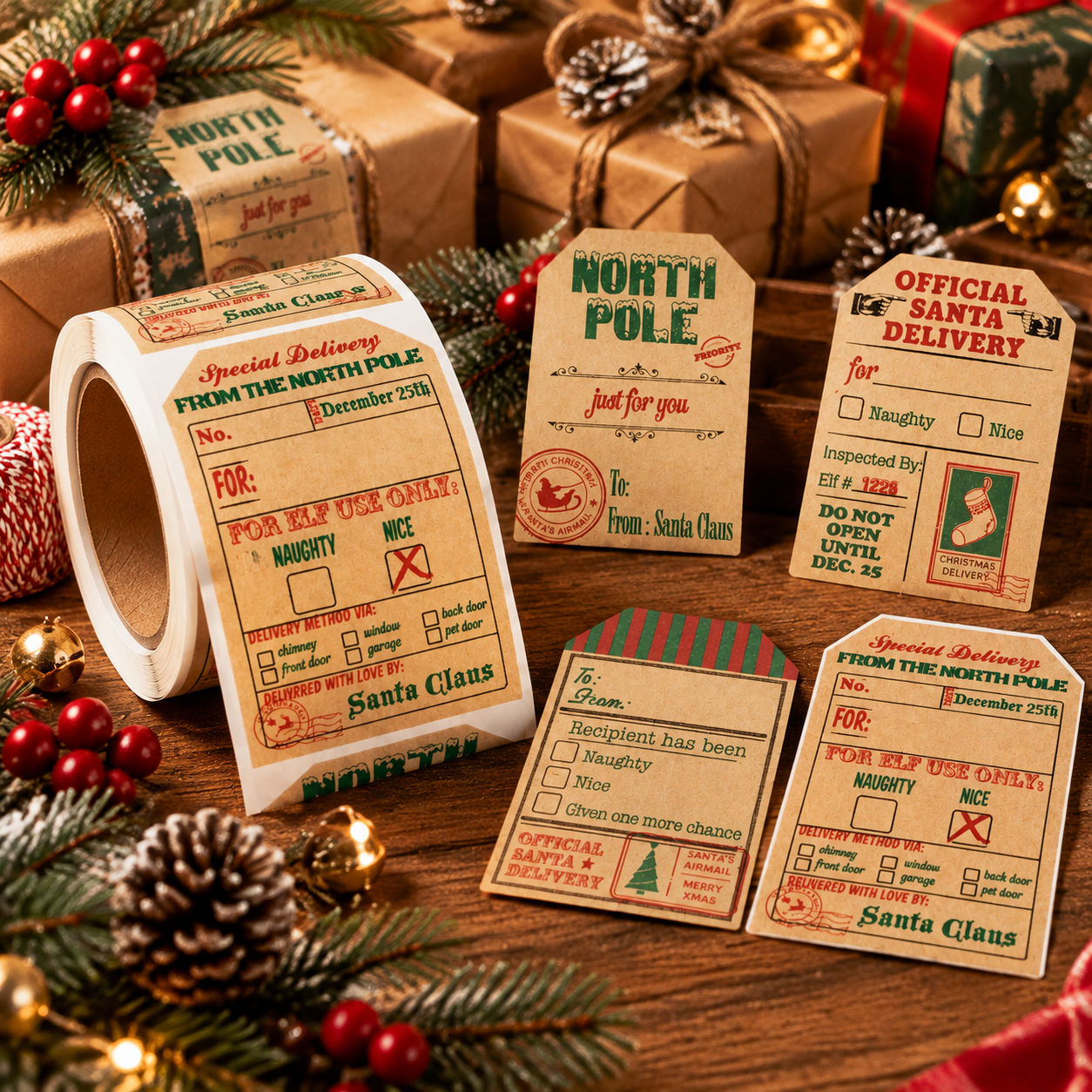 100-Piece Christmas Gift Tag Stickers – Self-Adhesive Kraft Labels