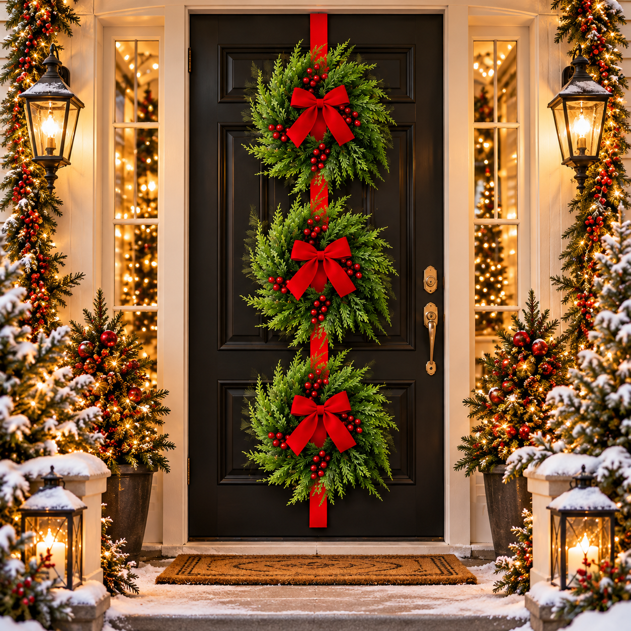 3-Tier Artificial Cedar Christmas Wreath with Red Velvet Bows