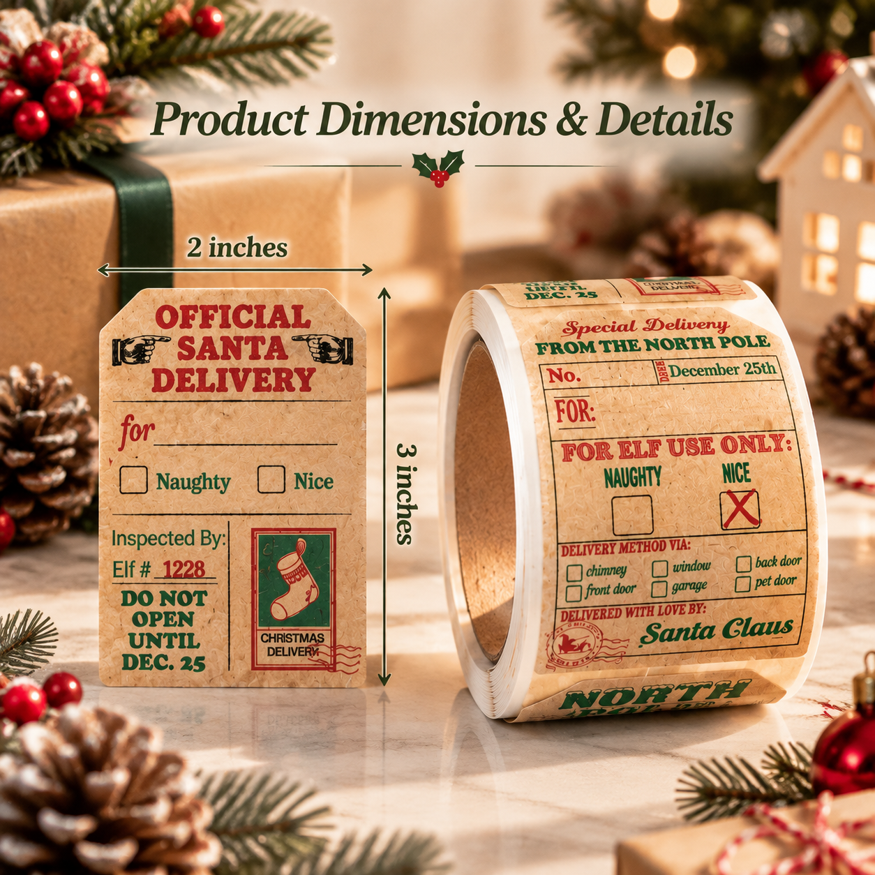 100-Piece Christmas Gift Tag Stickers – Self-Adhesive Kraft Labels