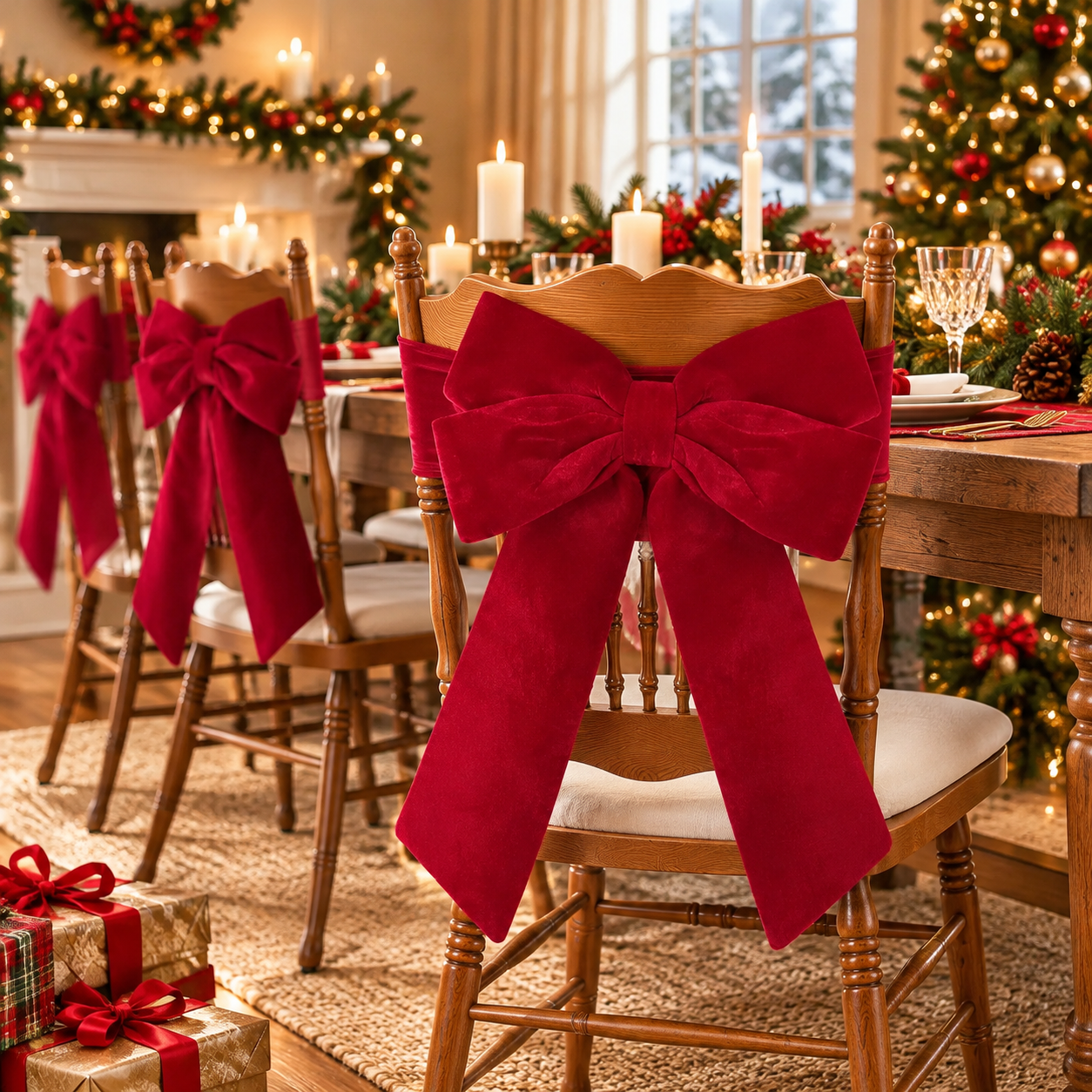 Set of 4 Christmas Velvet Chair Bows with Sashes