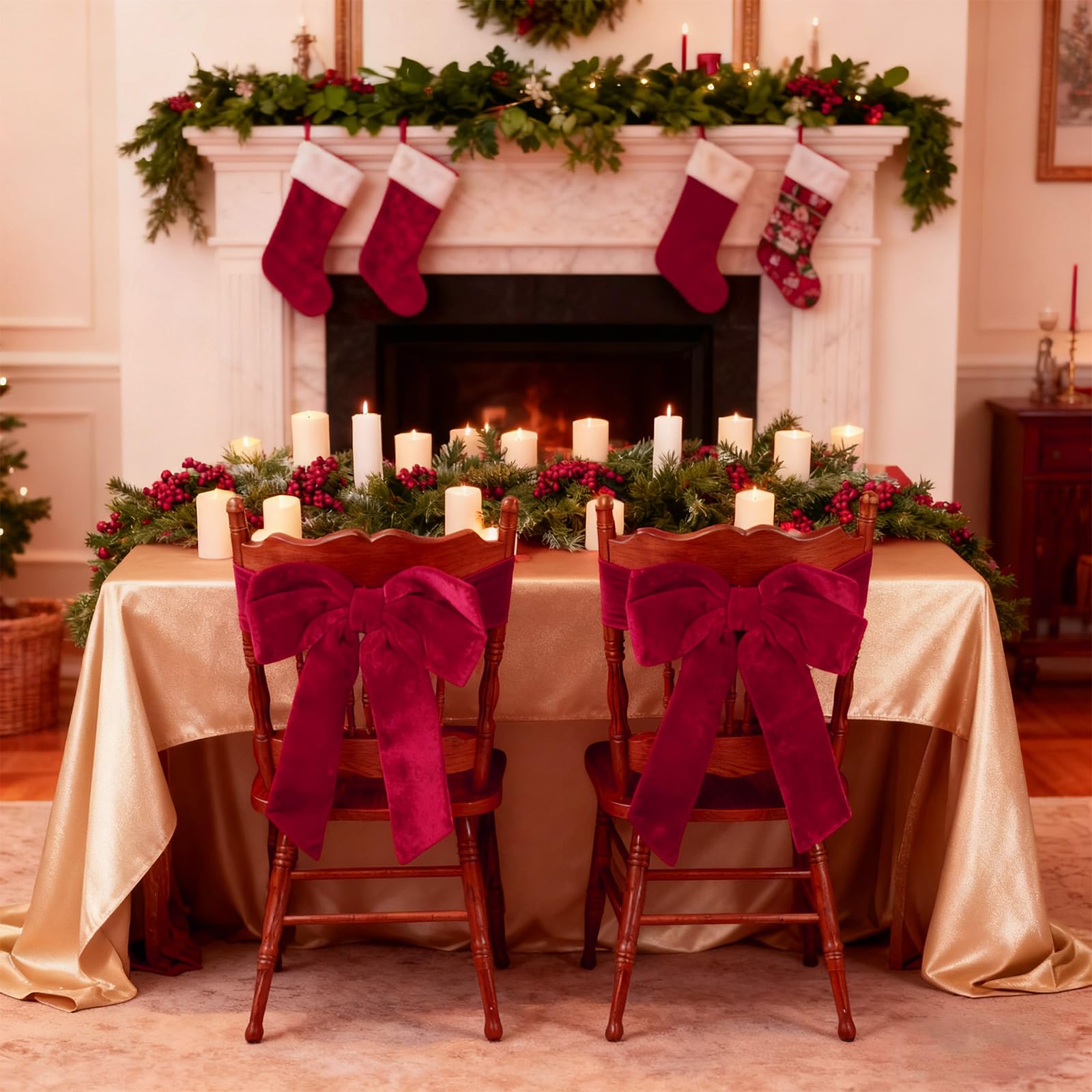 Set of 4 Christmas Velvet Chair Sashes Bows Covers