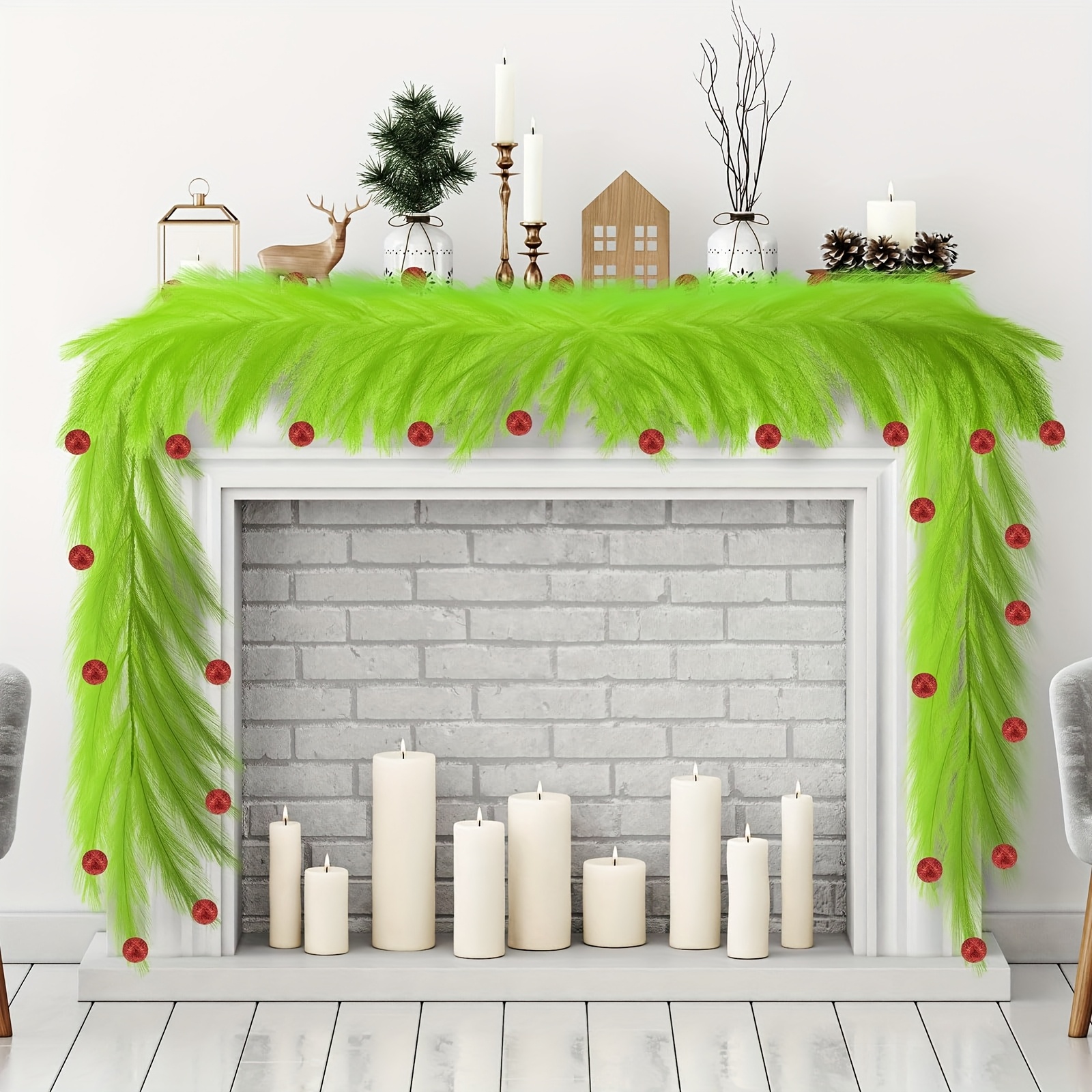 6FT Christmas Green Plush Garland with Red Pearl Balls