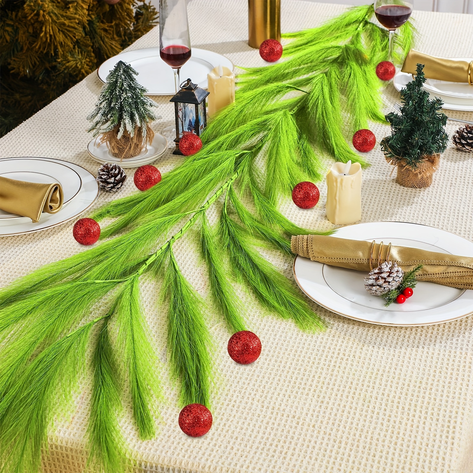 6FT Christmas Green Plush Garland with Red Pearl Balls