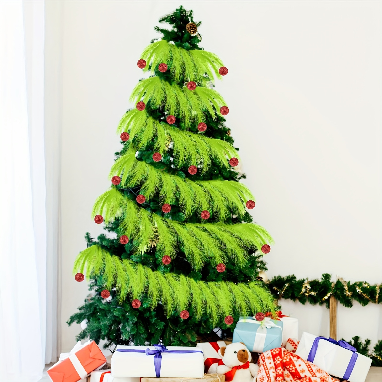 6FT Christmas Green Plush Garland with Red Pearl Balls