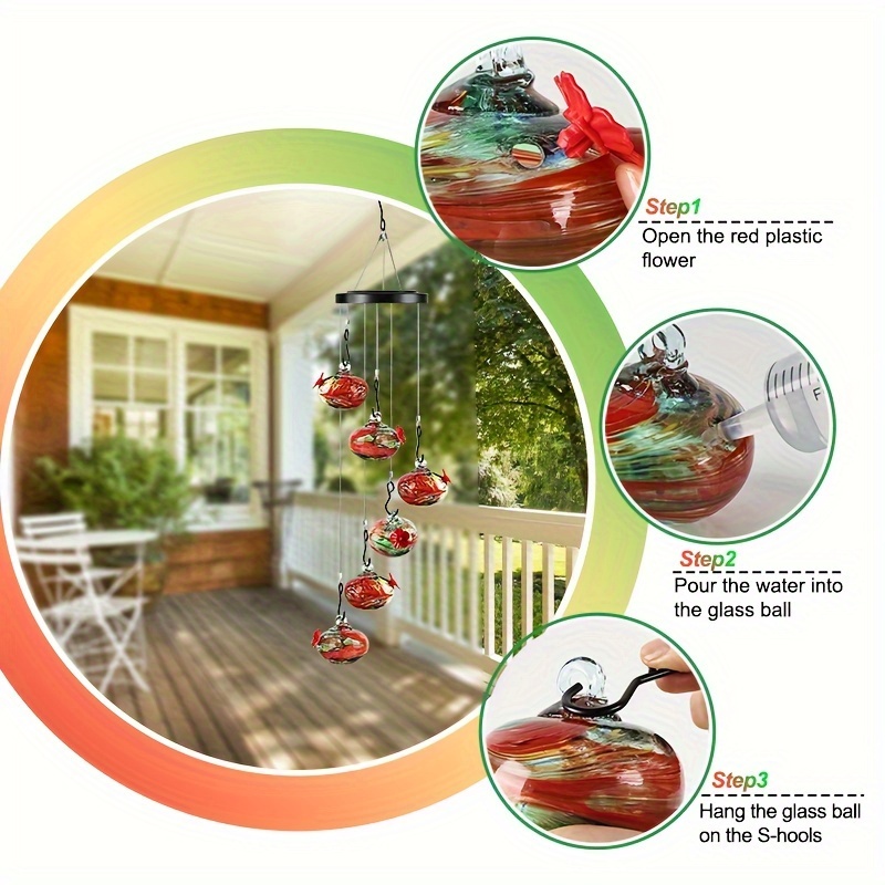 Hand-Blown Glass Hummingbird Feeder Wind Chime, Leakproof, Ant & Bee Proof Garden Ornament