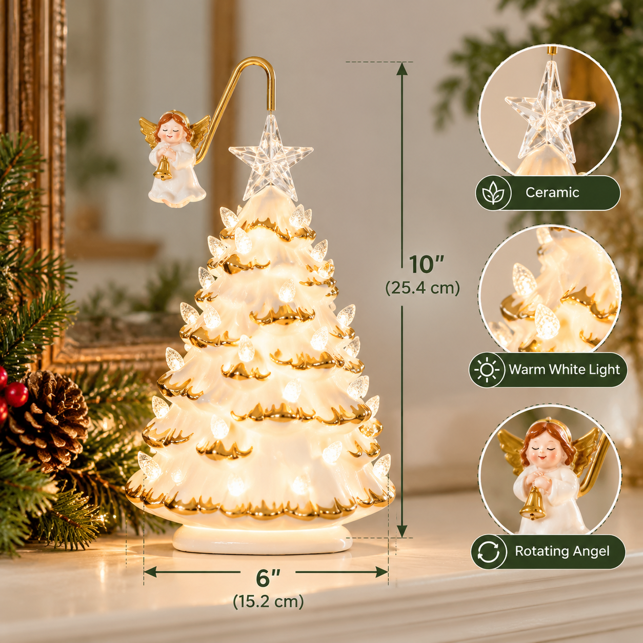10" Lighted Ceramic Christmas Tree with Angel