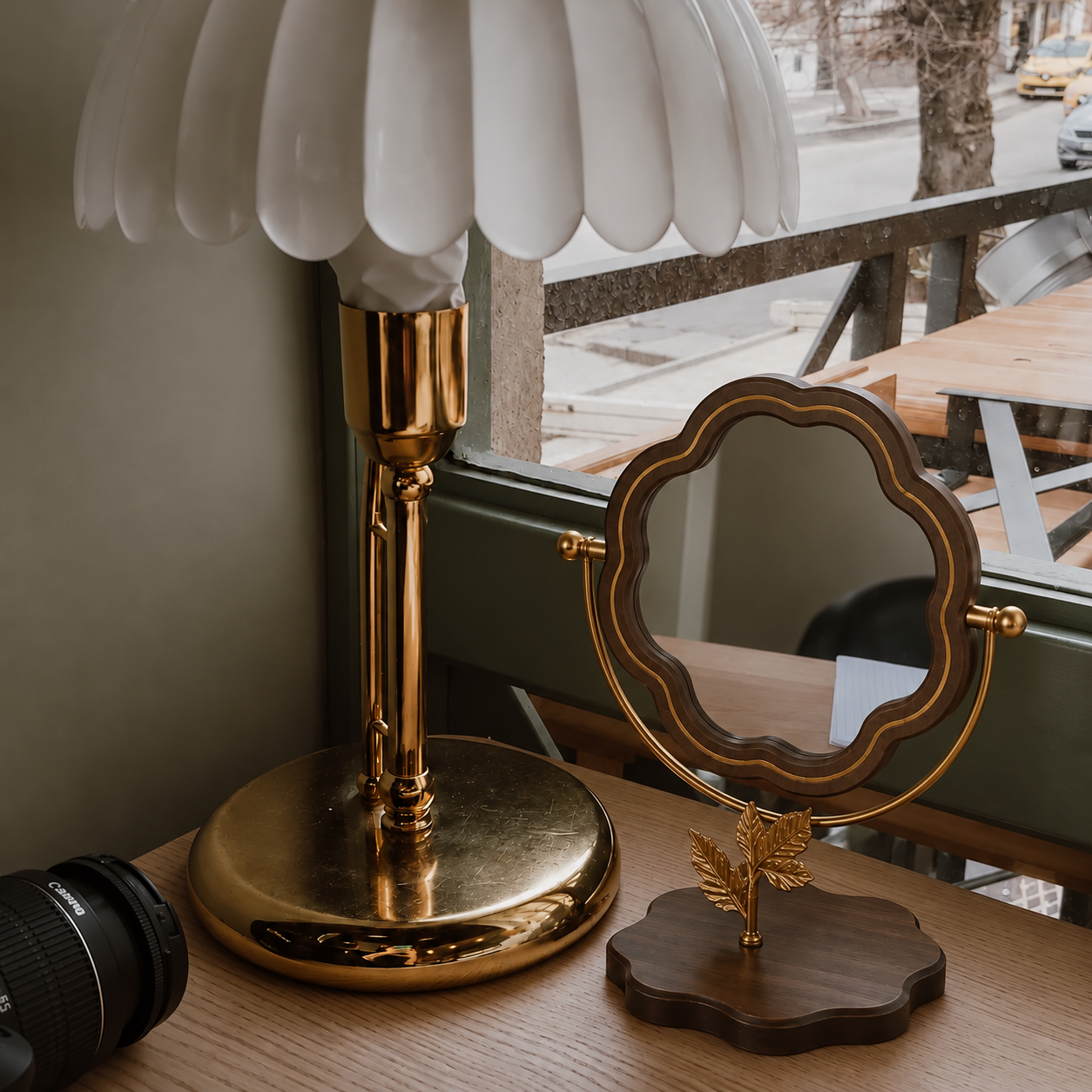 Solid Wood Scalloped Tabletop Vanity Mirror with Leaf Base