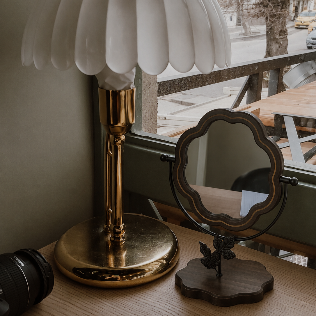 Solid Wood Scalloped Tabletop Vanity Mirror with Leaf Base