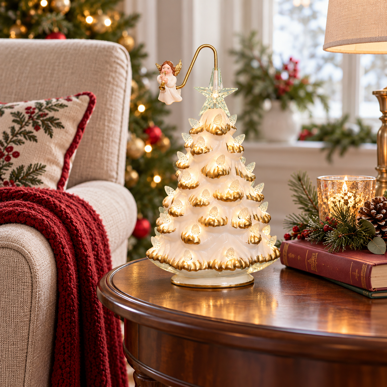 10" Lighted Ceramic Christmas Tree with Angel