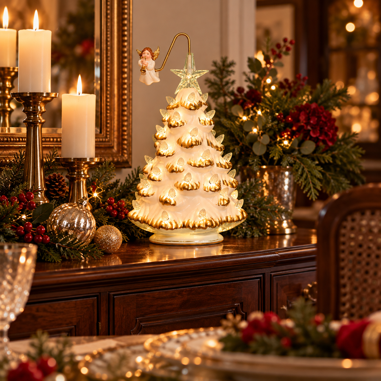 10" Lighted Ceramic Christmas Tree with Angel
