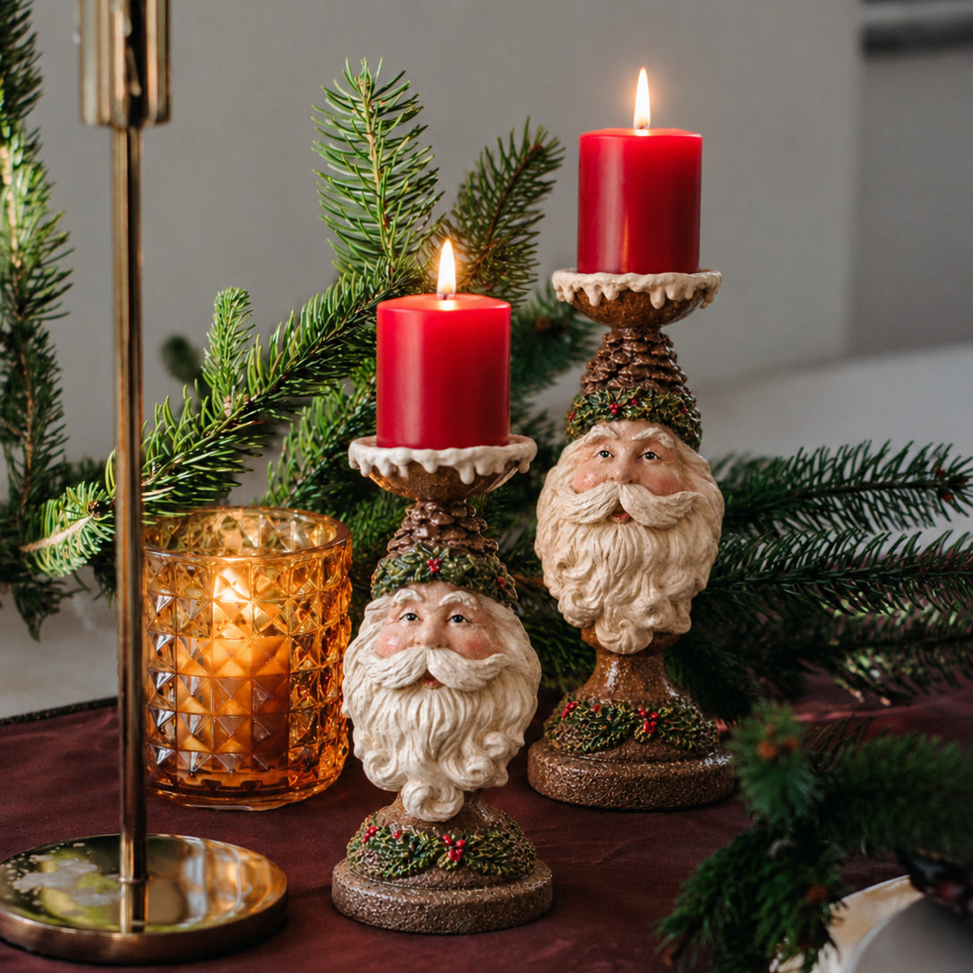 Festive Santa Claus Candle Holder Set – 2-Piece Christmas Tabletop Decor
