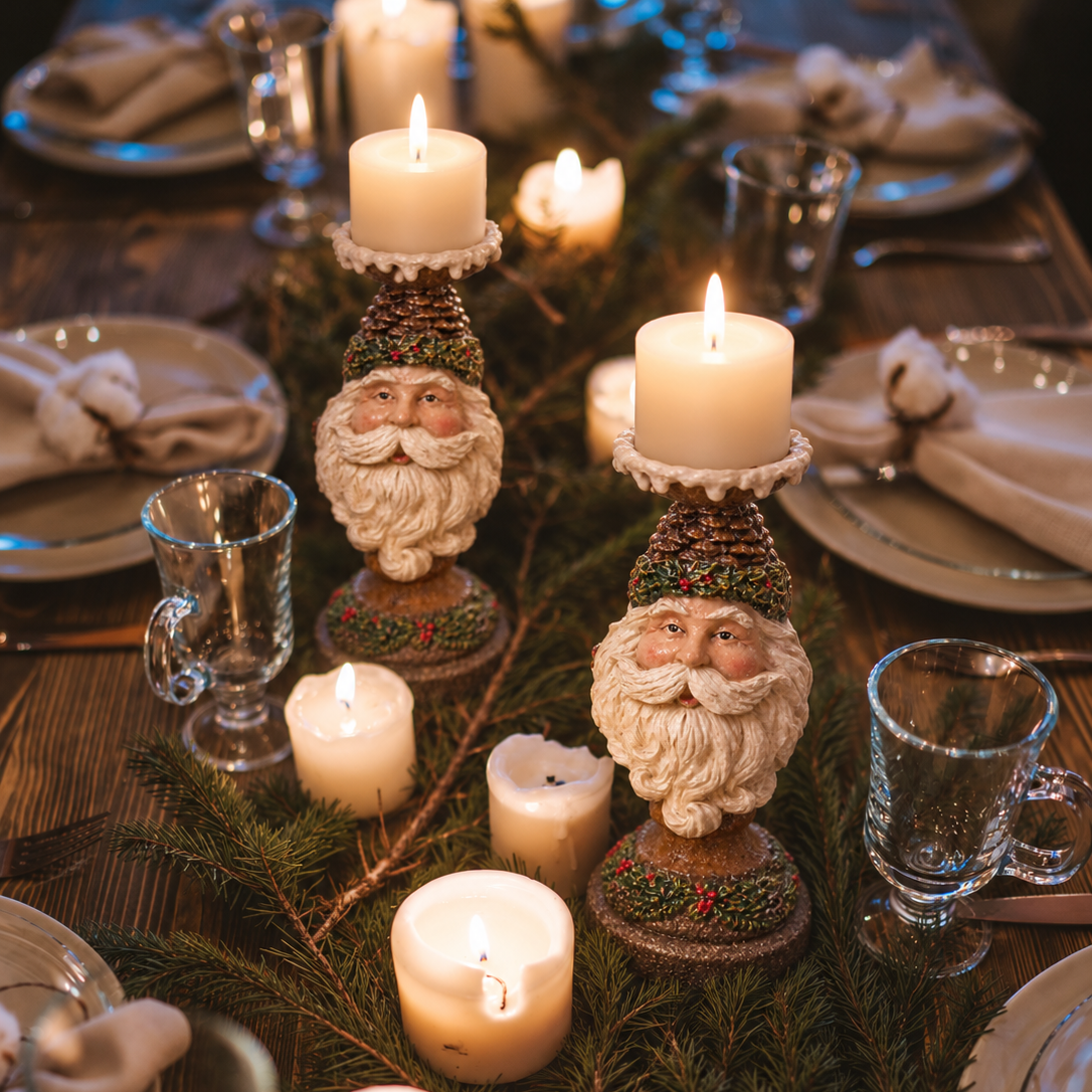 Festive Santa Claus Candle Holder Set – 2-Piece Christmas Tabletop Decor