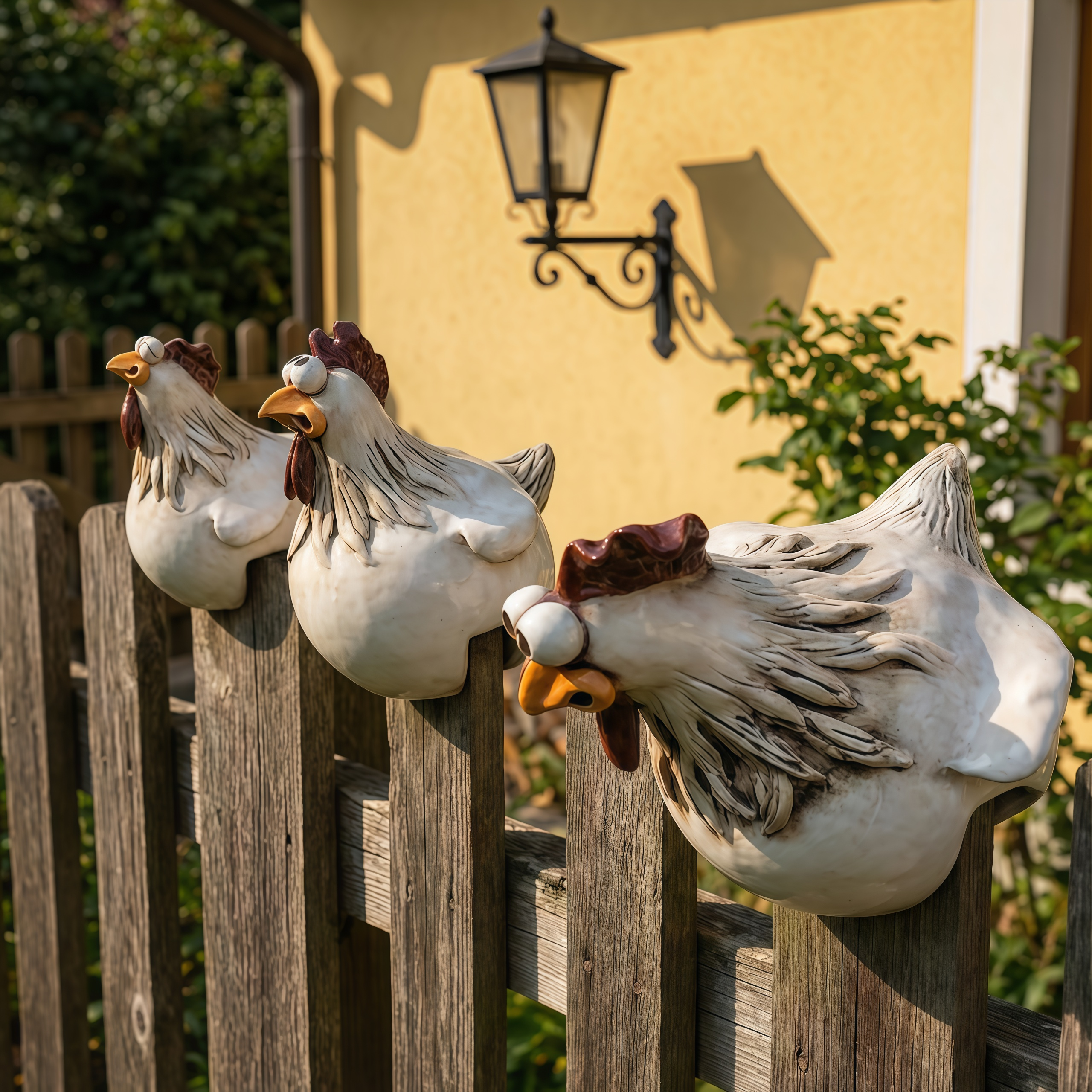 Resin Fence Chicken Sculpture