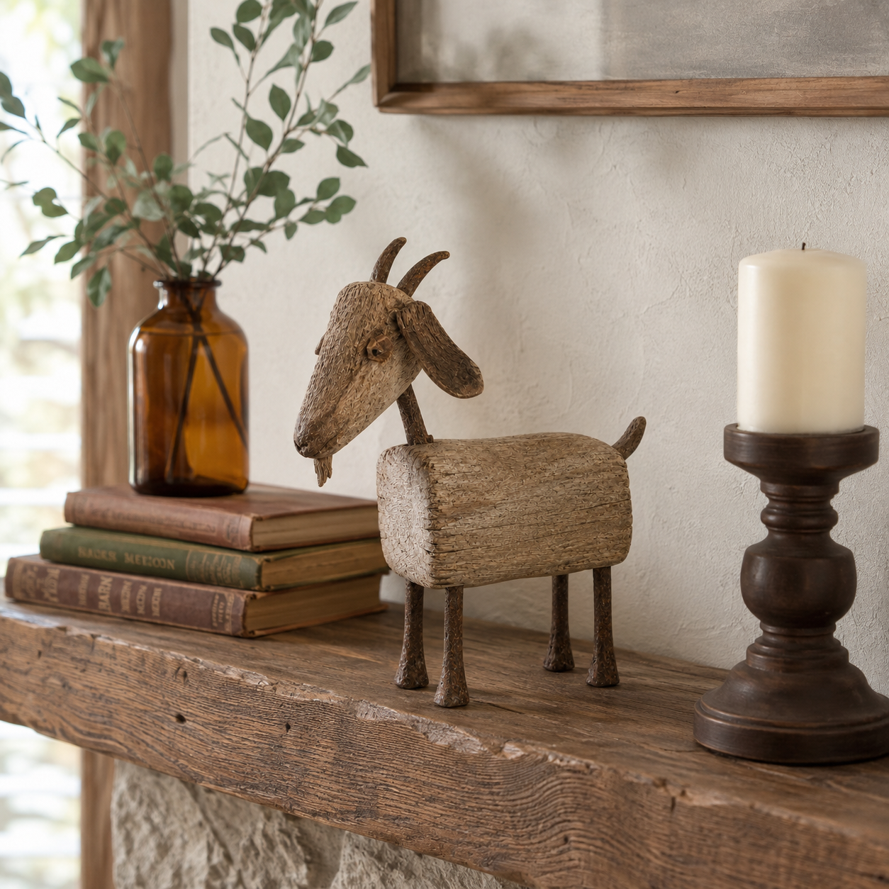 Old-Soul Primitive Solid Wood Goat Sculpture